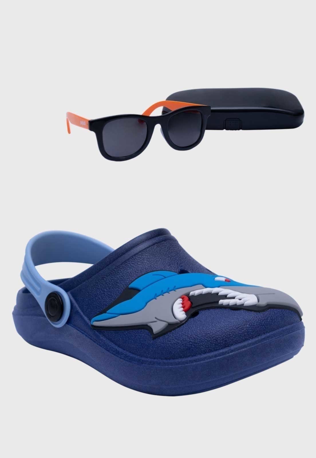 Infantil – Kit Babuche Tubarão Marinho e Óculos de Sol Laranja com Capinha