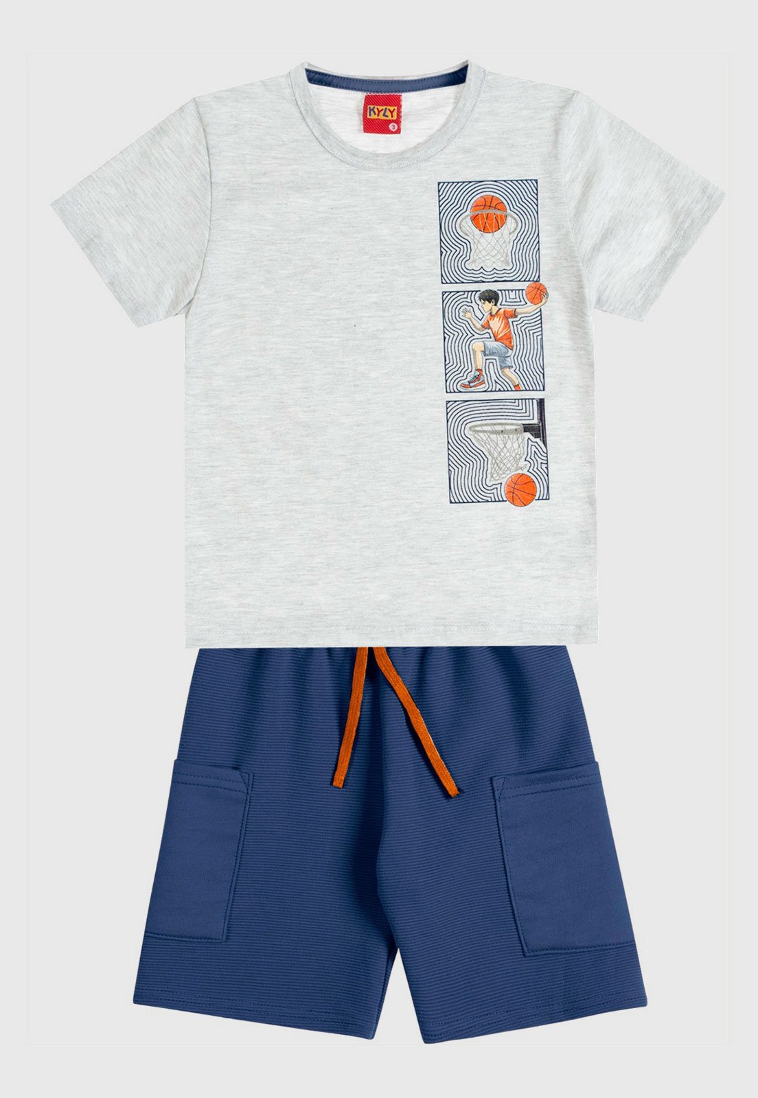 Vista 2 Infantil - Conjunto Kyly Camiseta Estampa Basquete e Bermuda Azul Marinho cinza azul Kyly cinza azul