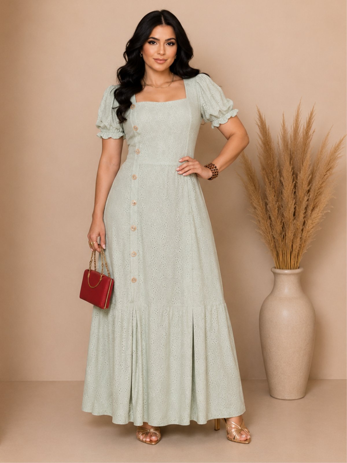 Vestido Longo Malha Lese com Manga Curta Bufante Botão Decote Quadrado Social Verde menta