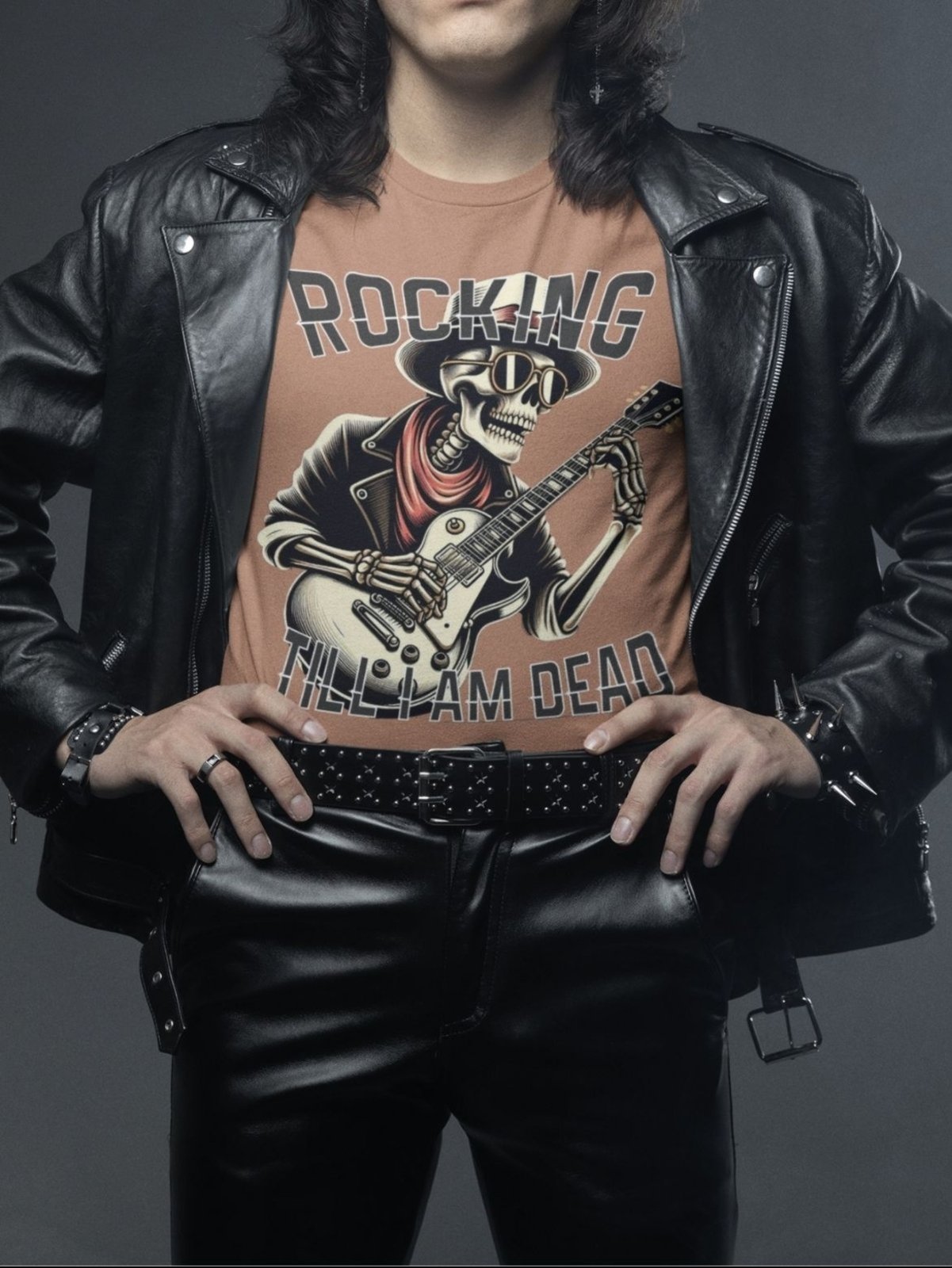 Camiseta Masculina GuGi Camisa De Rock Esqueleto Caveira Com Guitarra Caqui