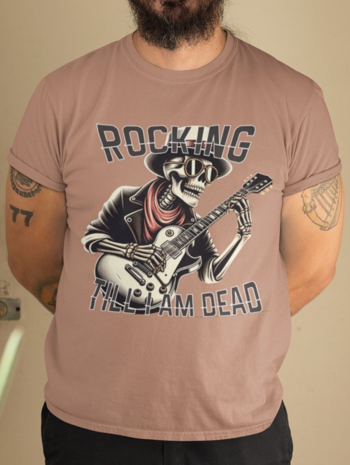 Vista 3 Camiseta Masculina GuGi Camisa De Rock Esqueleto Caveira Com Guitarra Caqui cáqui caqui Gugi cáqui caqui