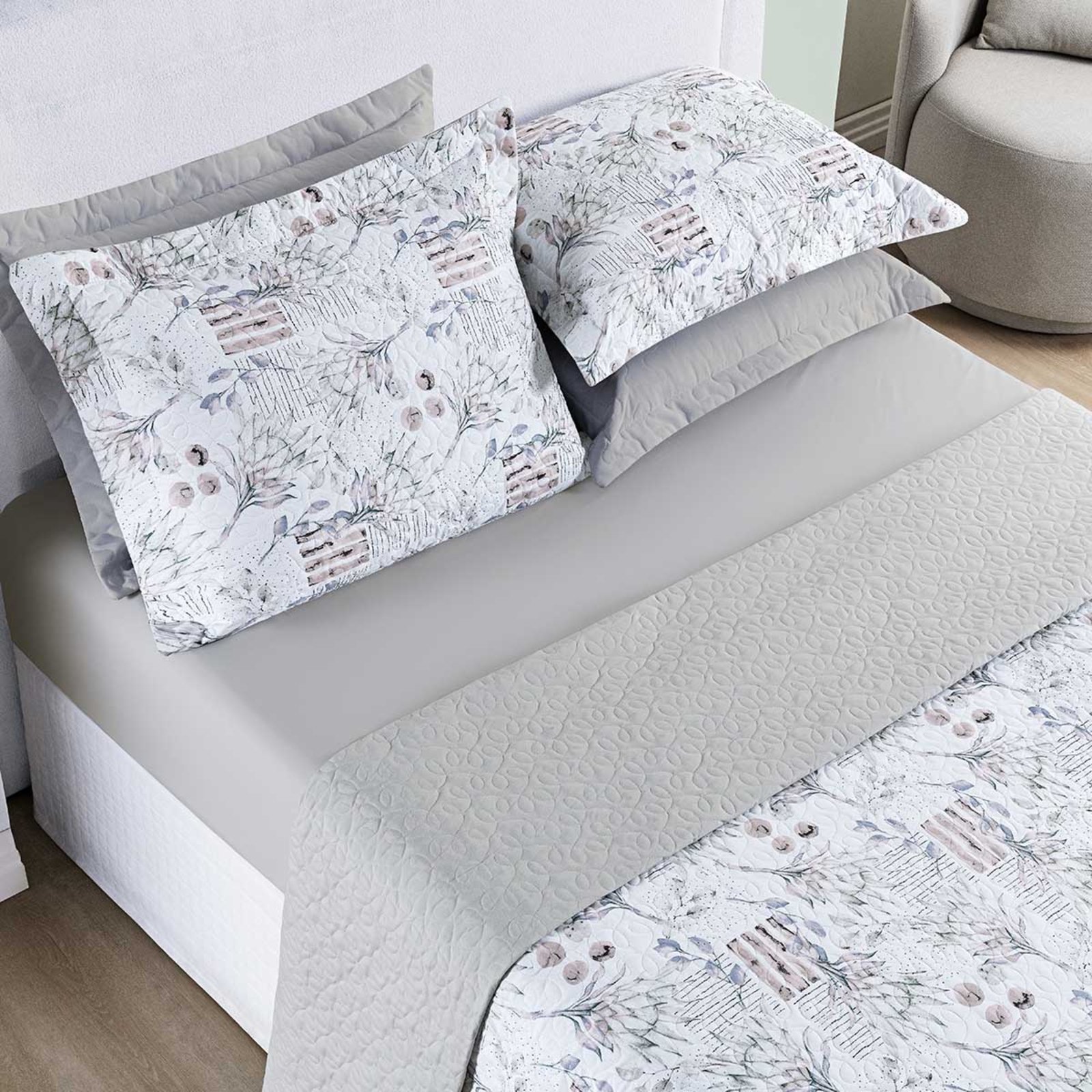 Kit Cobre Leito Colcha Casa Scarpa Maris King Estampado Dupla Face Percalle 200 Fios 3 Peças Protea Cinza