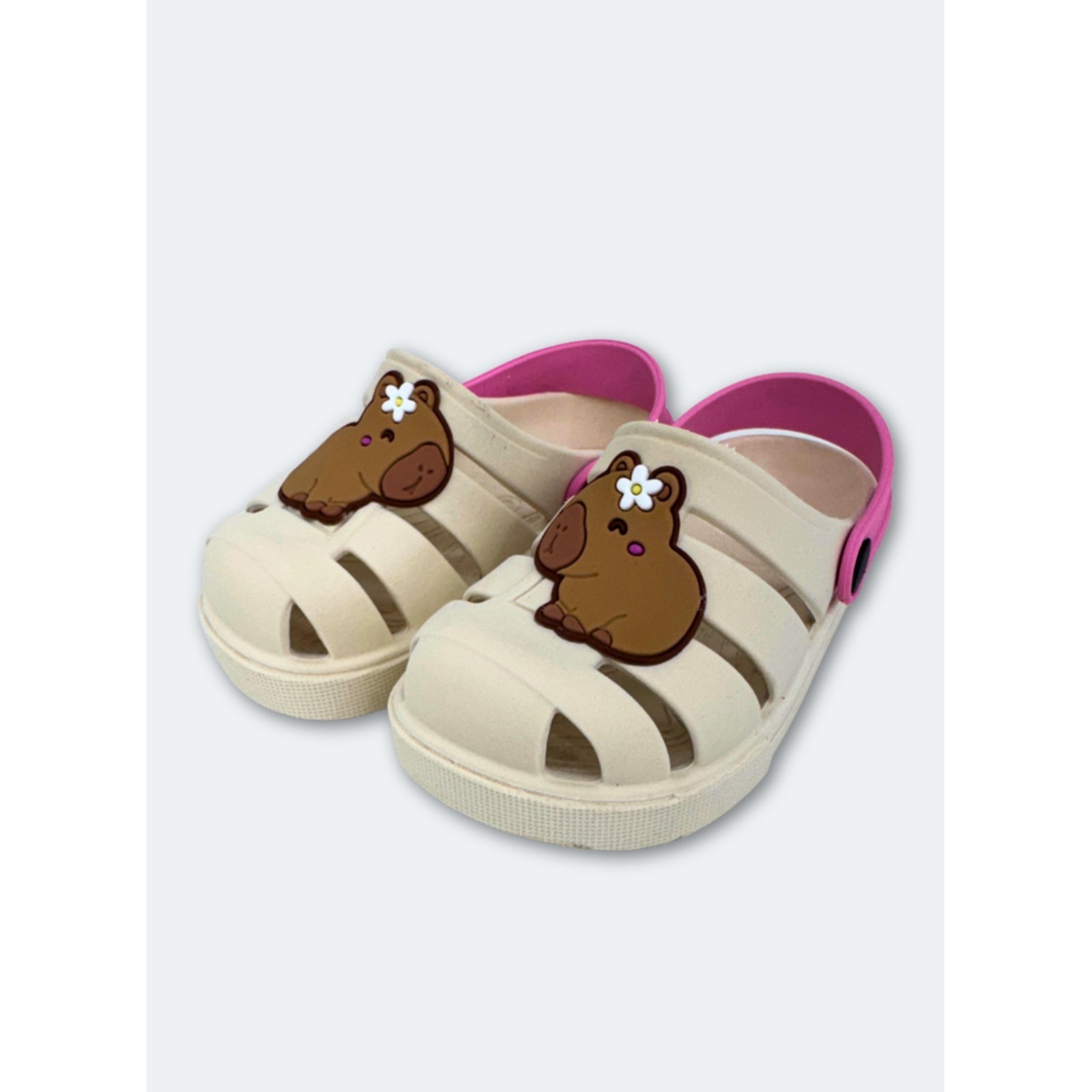 Infantil - Babuche Menina Bege com Tira Rosa Capivara com Flor
