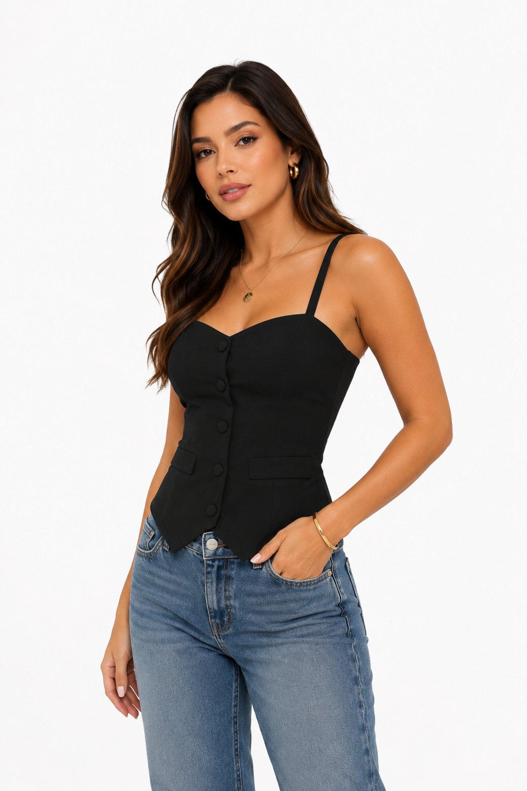 Blusa Colete Feminina D Bell Outlet Fashion Alfaiataria Alças Finas Preto