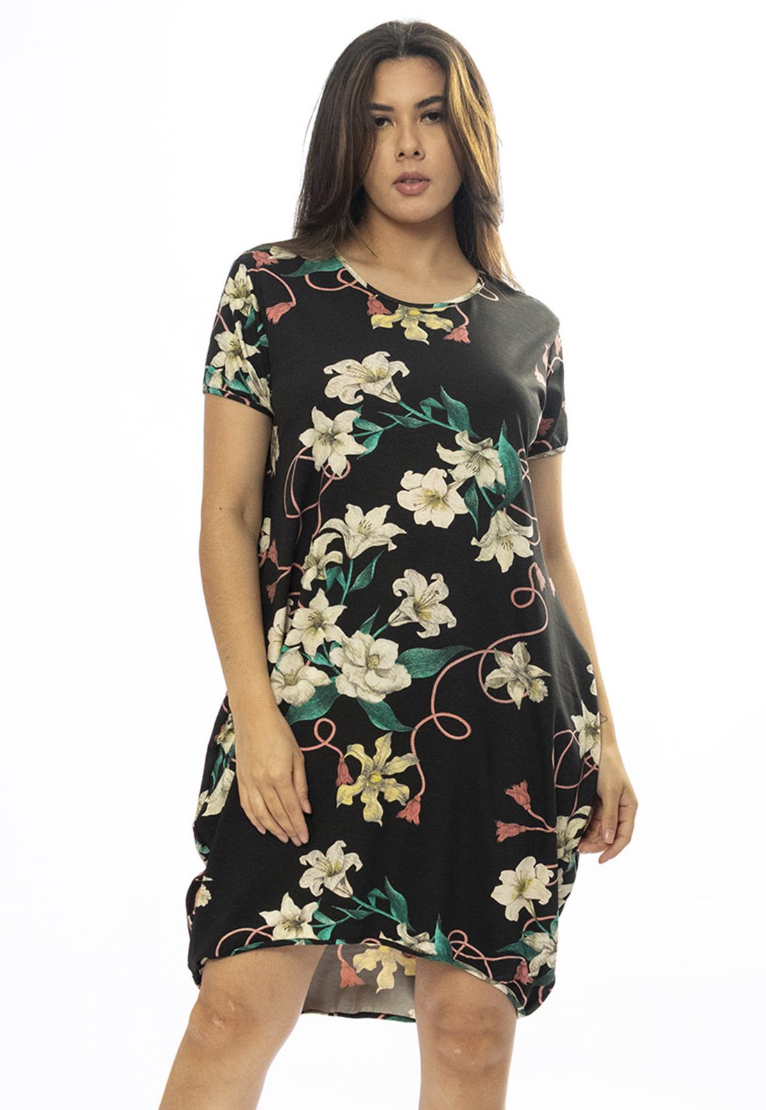 Vestido Curto Cabanafree Malha Amplo Always Estampa Flores Ébano