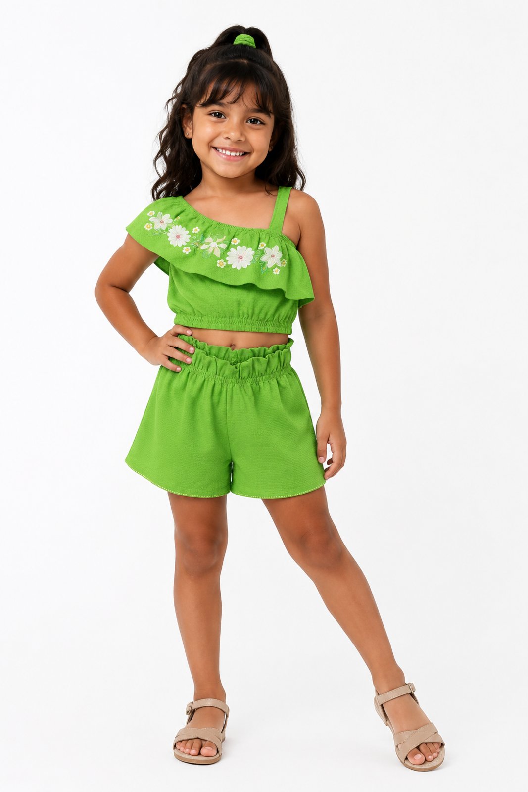 Infantil - Conjunto D Bell Outlet Fashion Cropped Com Flores E Short Verde