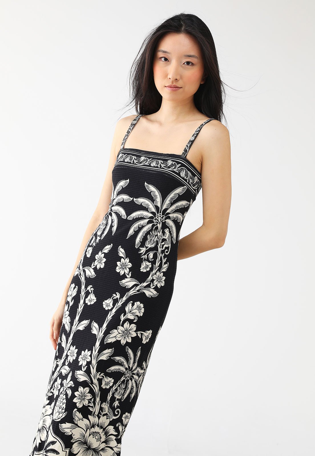 Vestido Canelado FARM Midi Guanacaste Preto
