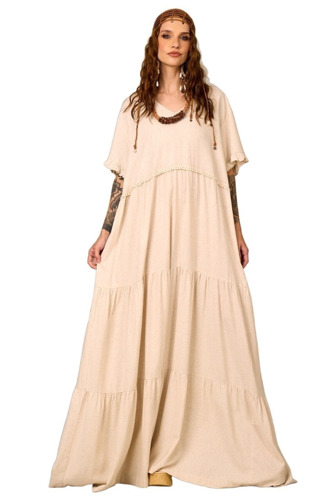 Vestido Longo Viscolinho Bege Nature Yacamim D6 – Nature