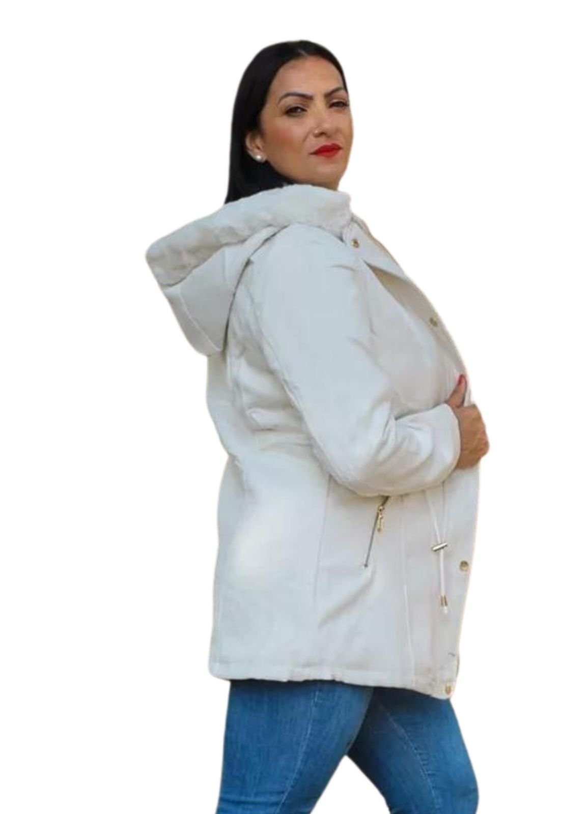 Jaqueta Parka Lã Batida Sobretudo Forrada Com Capuz Removível Off White