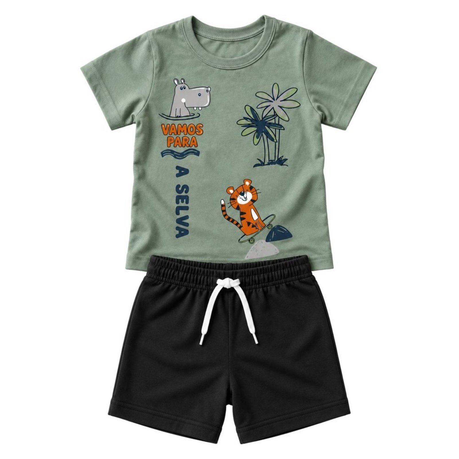 Infantil - Conjunto Menino Camiseta Meia Malha Penteada Bermuda Moletinho