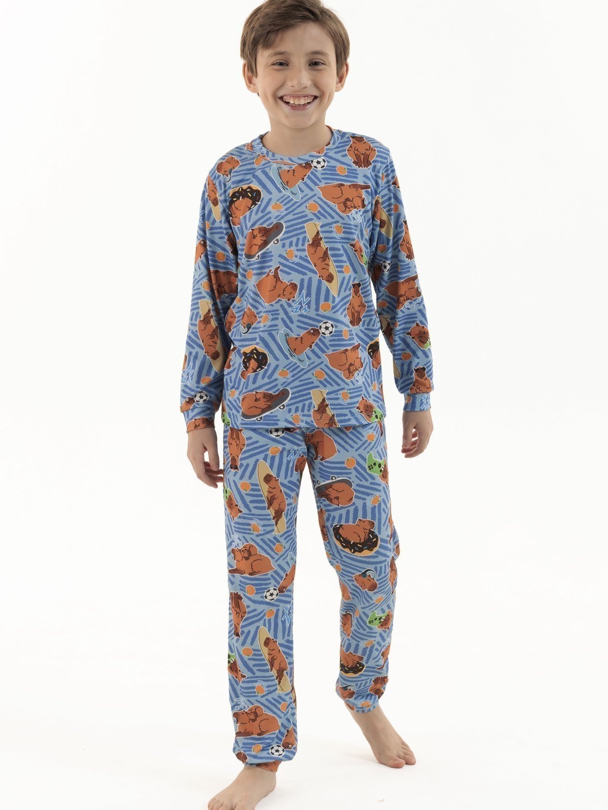 Pijama Longo de Inverno Menino em Suede Capivaras Radicais Azul 4 a 16 anos