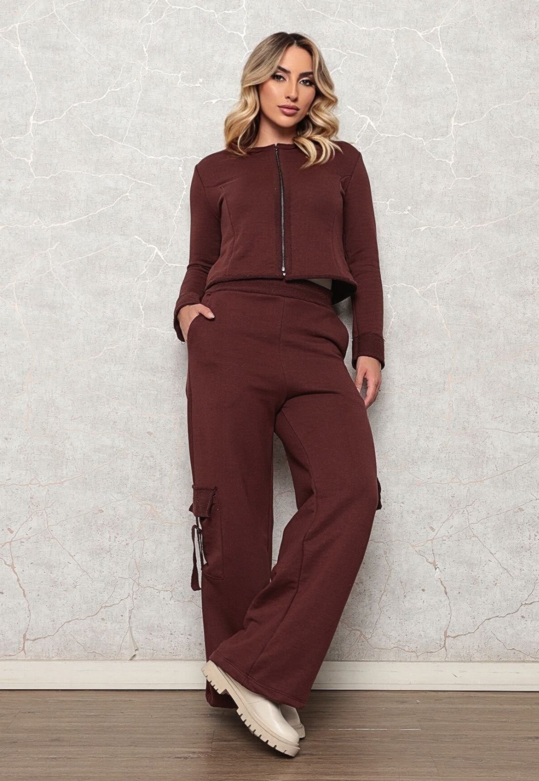 Conjunto Moletom Feminino Blusa Jaquetinha Calça Pantalona Cargo Luxo Marrom- Nktex