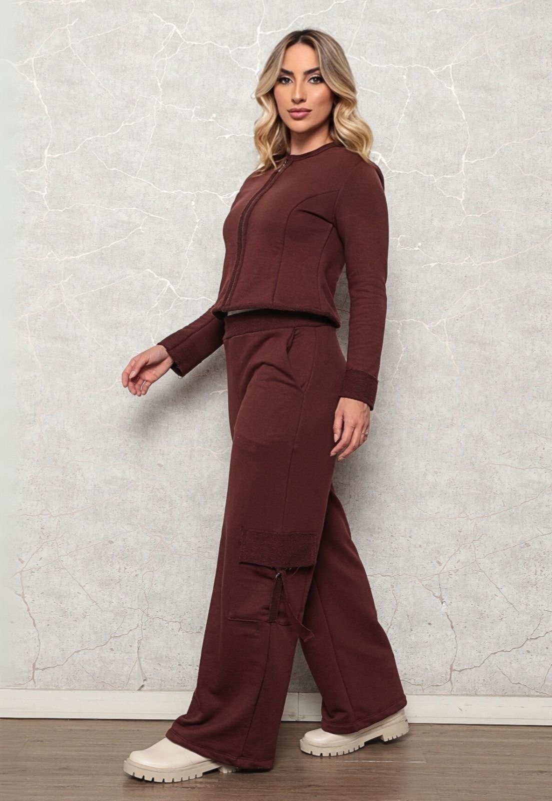 Vista 3 Conjunto Moletom Feminino Blusa Jaquetinha Calça Pantalona Cargo Luxo NKTEX marrom NKTEX marrom