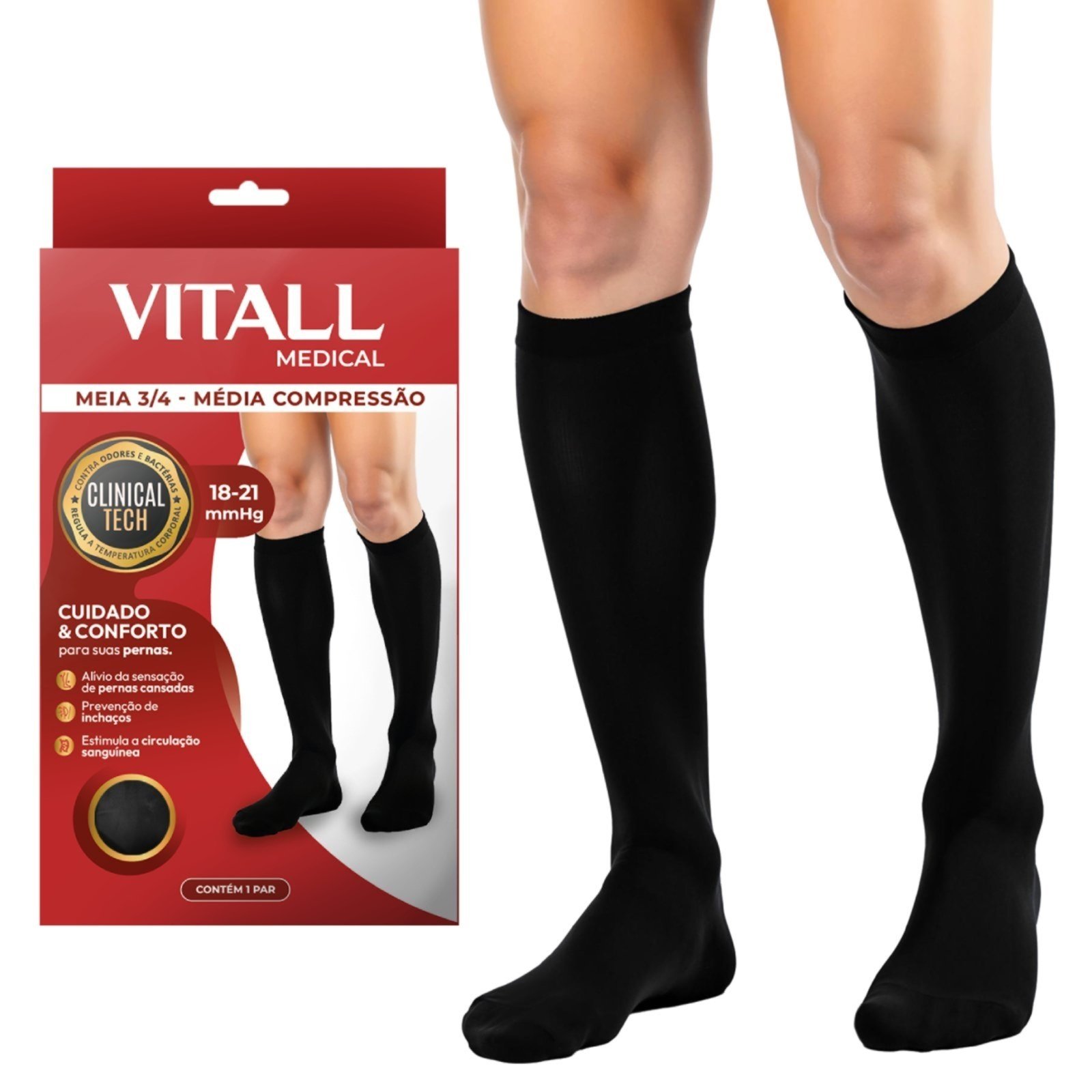 Meia 3/4 Média Compressão 1802 Com Ponteira – 18-21 mmHg Varizes Inchaço Trabalho Vitall