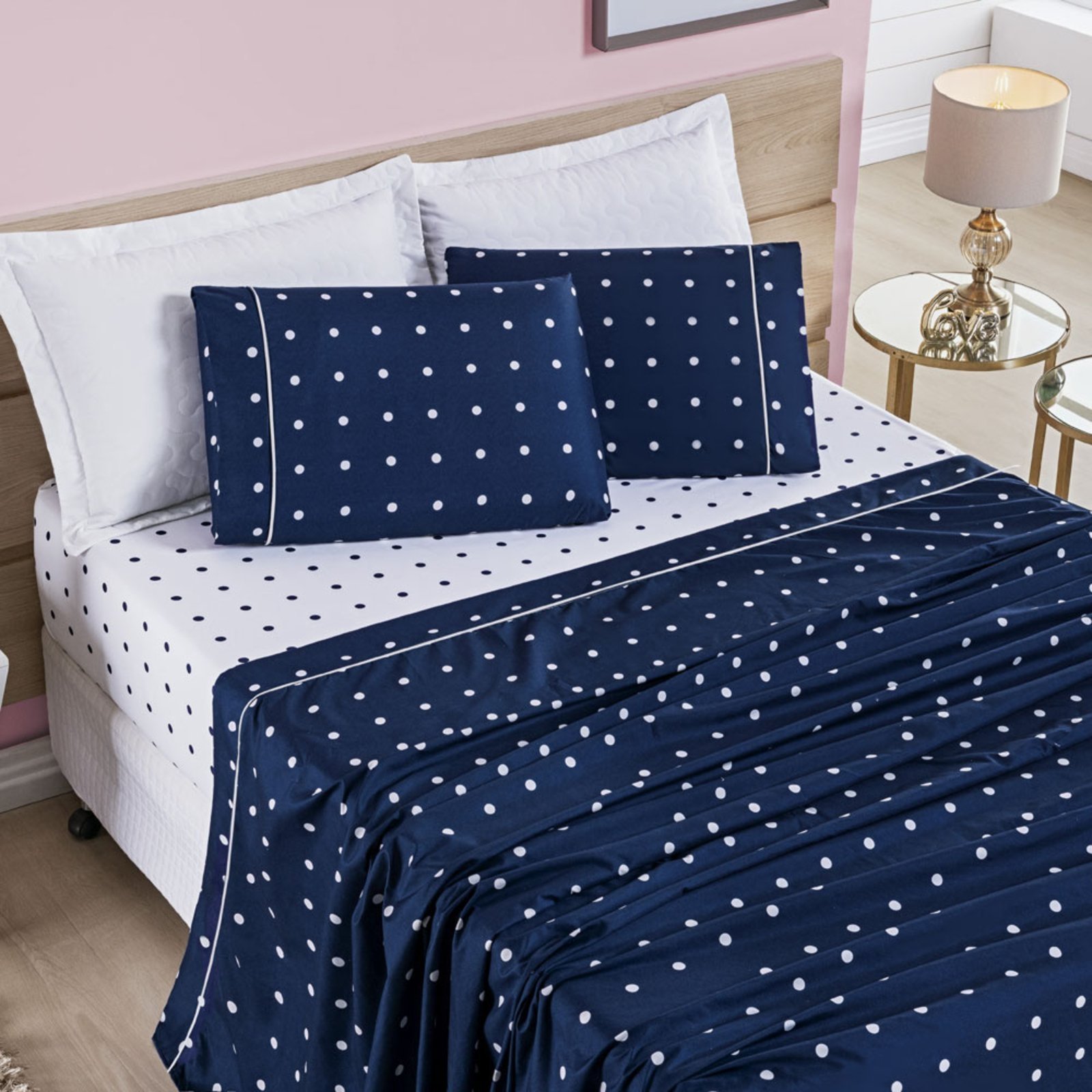 Jogo Cama Lençol Casa Scarpa Meggy Poá Casal Padrão Bolinhas Micropercal 200 Fios 4 Peças - Azul Marinho