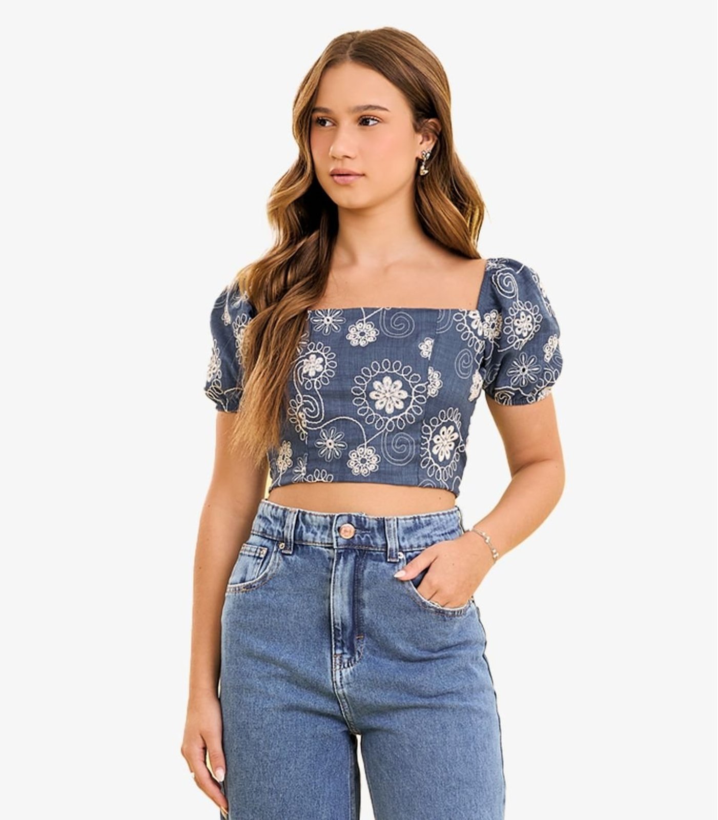 Infantil - Blusa Feminina Com Manga Bufante e Bordado Minty Azul