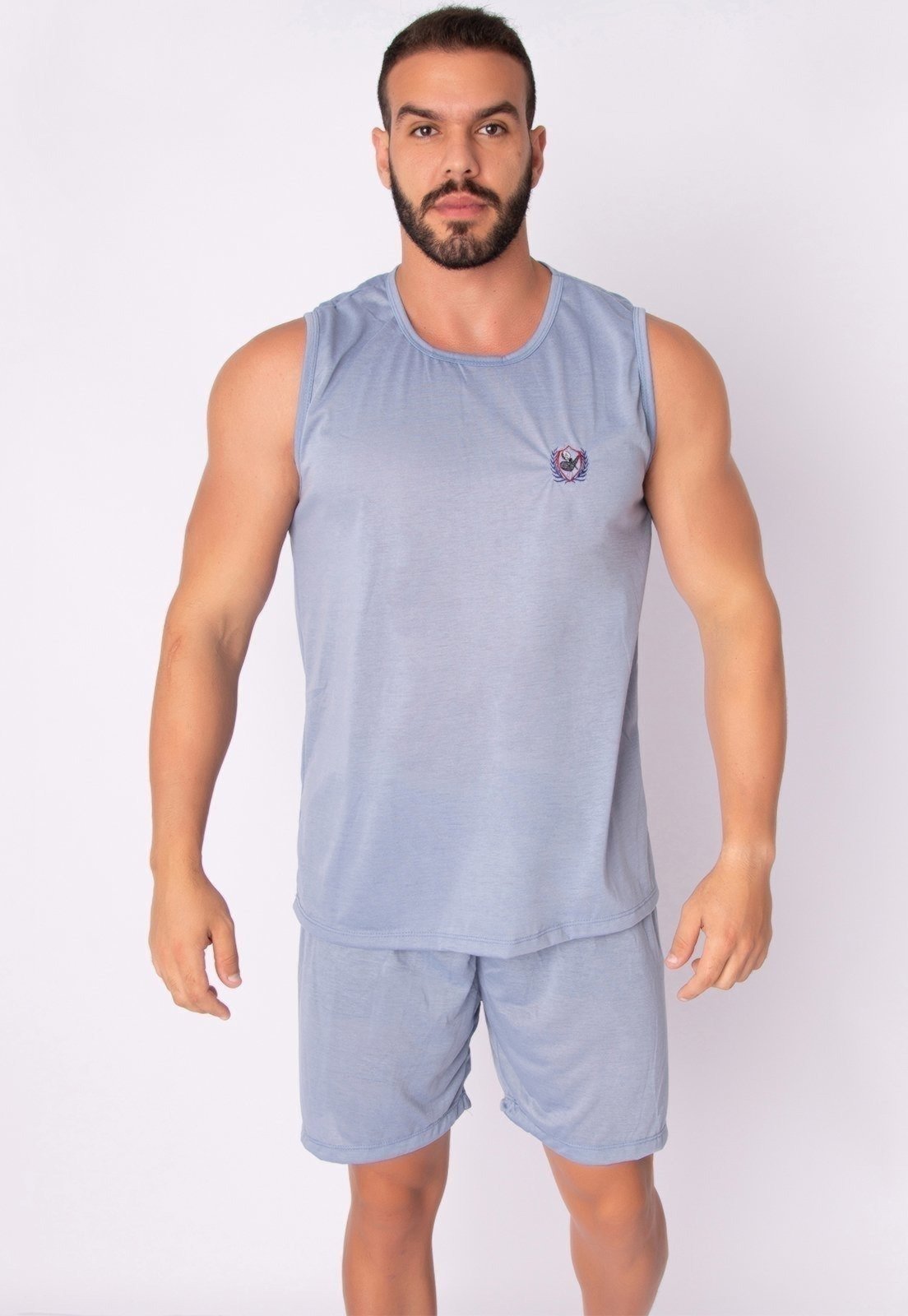 Pijama Masculino Serra e Mar Modas Fechado Verão Regata Liso Cinza