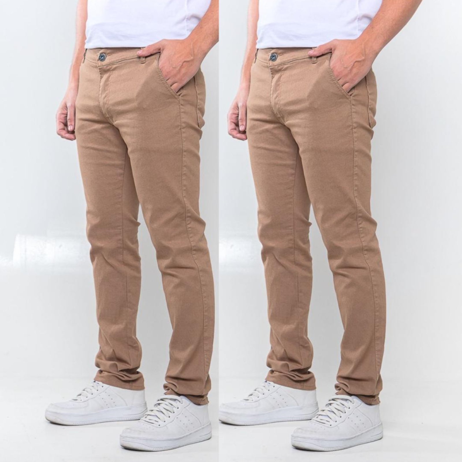 KIT 2 Calças Sarja Masculina Tempo Hábil Alfaiatada Skinny Caqui