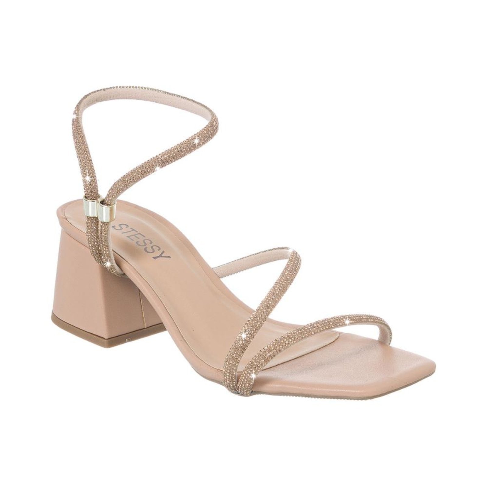Vista 2 Sandália Feminina Salto Bloco Strass Calce Fácil Confortável Stessy Shoes nude Stessy Shoes nude