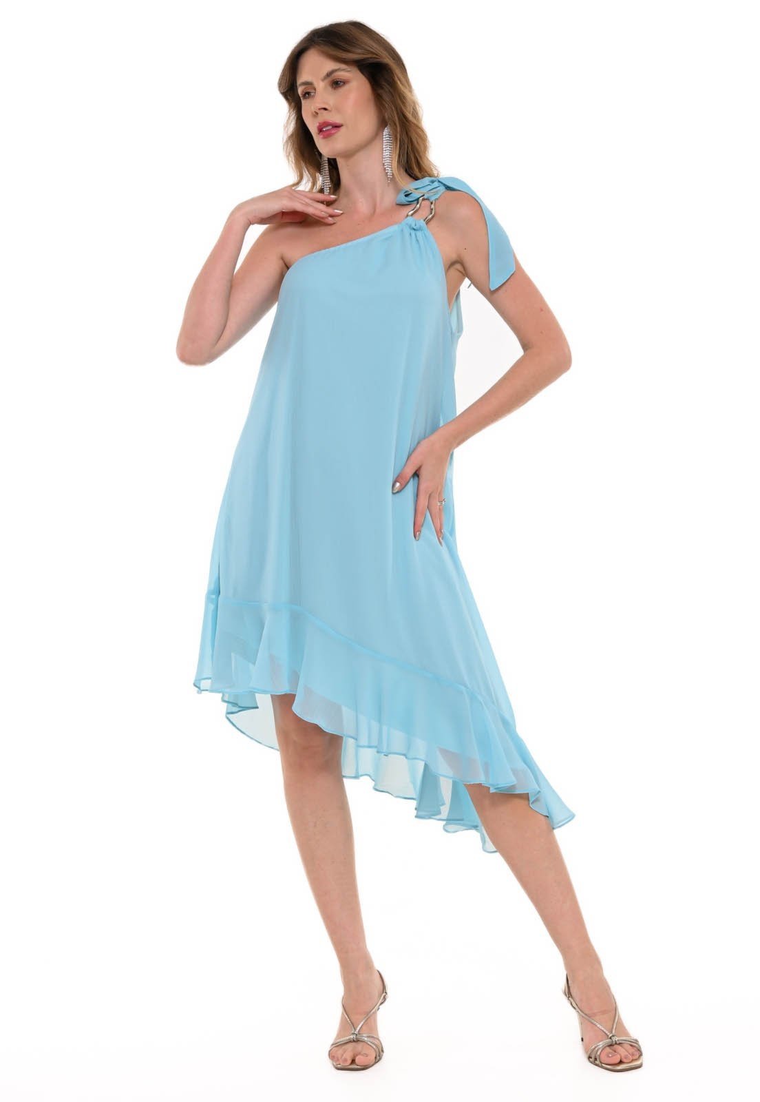 Vestido Bisô Curto Assimétrico Chifon Azul – Azul Claro