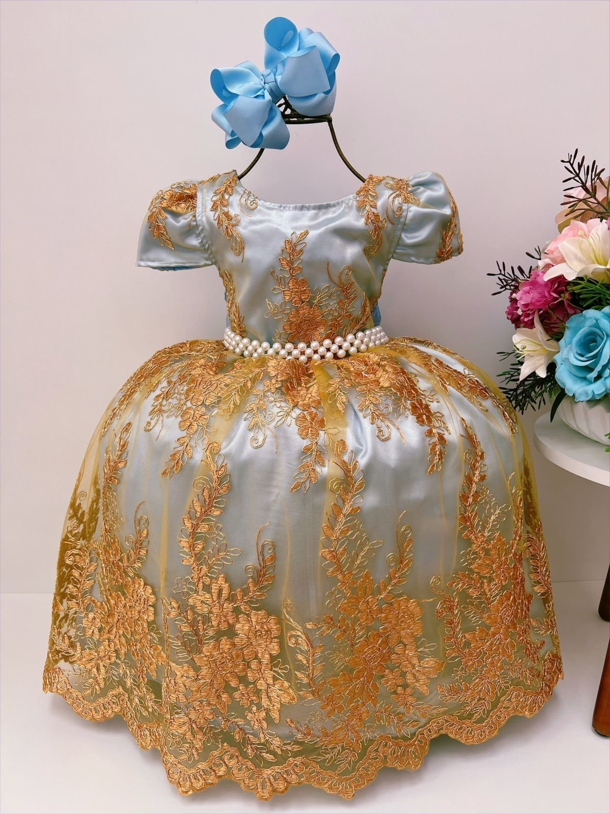 Infantil - Vestido Festa Azul Renda Dourada Princesa Formatura Casamento Social Rodado Florista Dama Daminha Aniversário Luxo Menina Juvenil