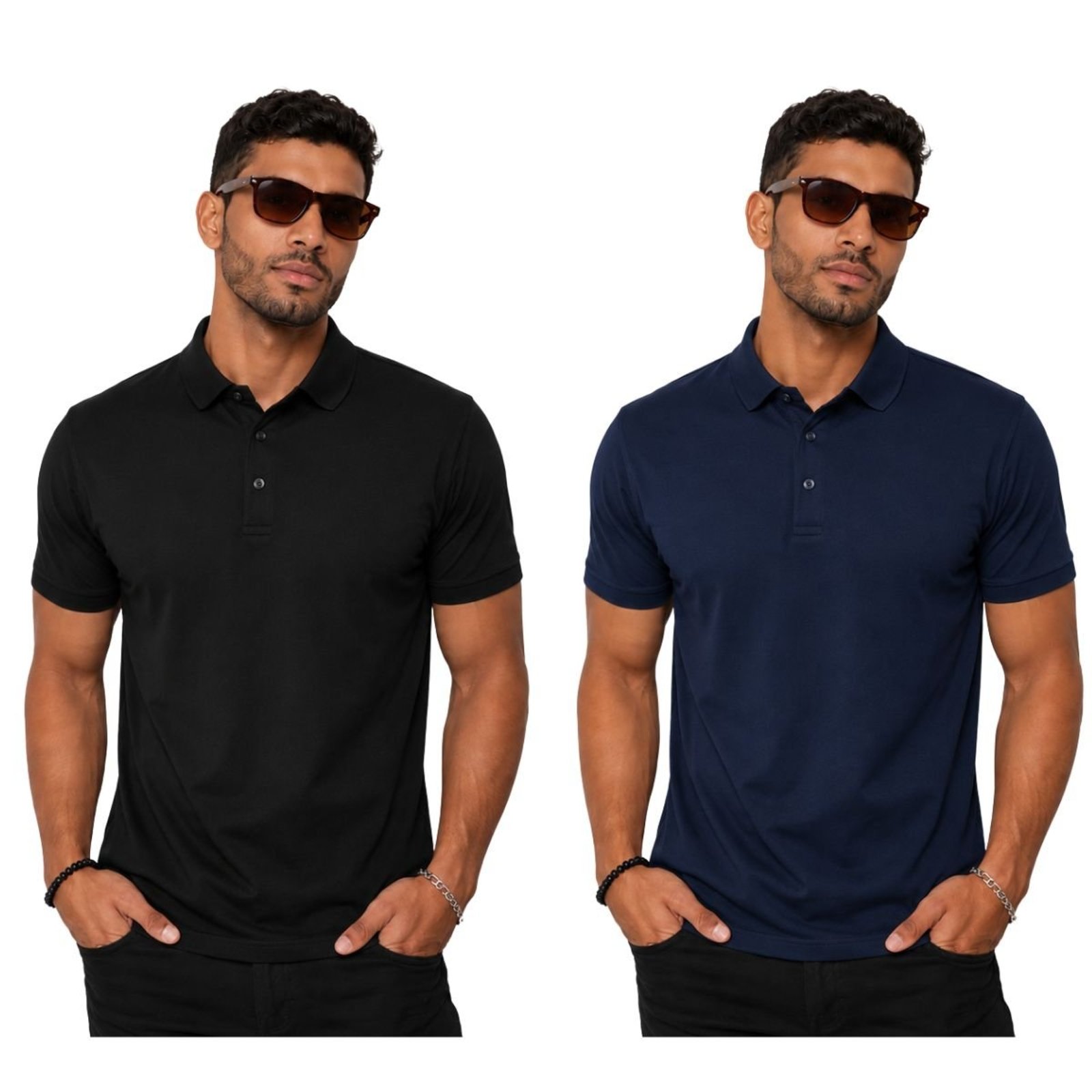 Kit 2 Camisas Polo Masculina Poliamida Premium Preto e Marinho