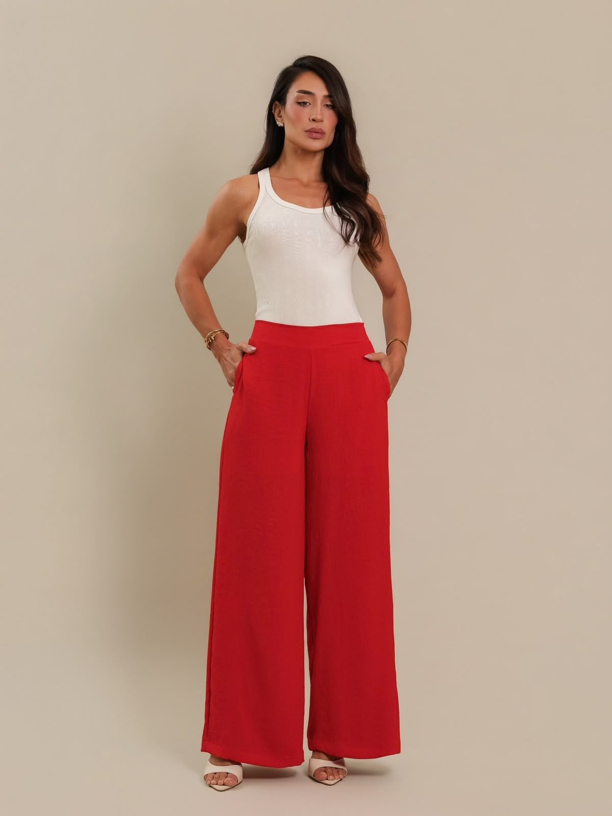 Calça Pantalona Feminina Tecido Fluido Caimento Leve Vermelho