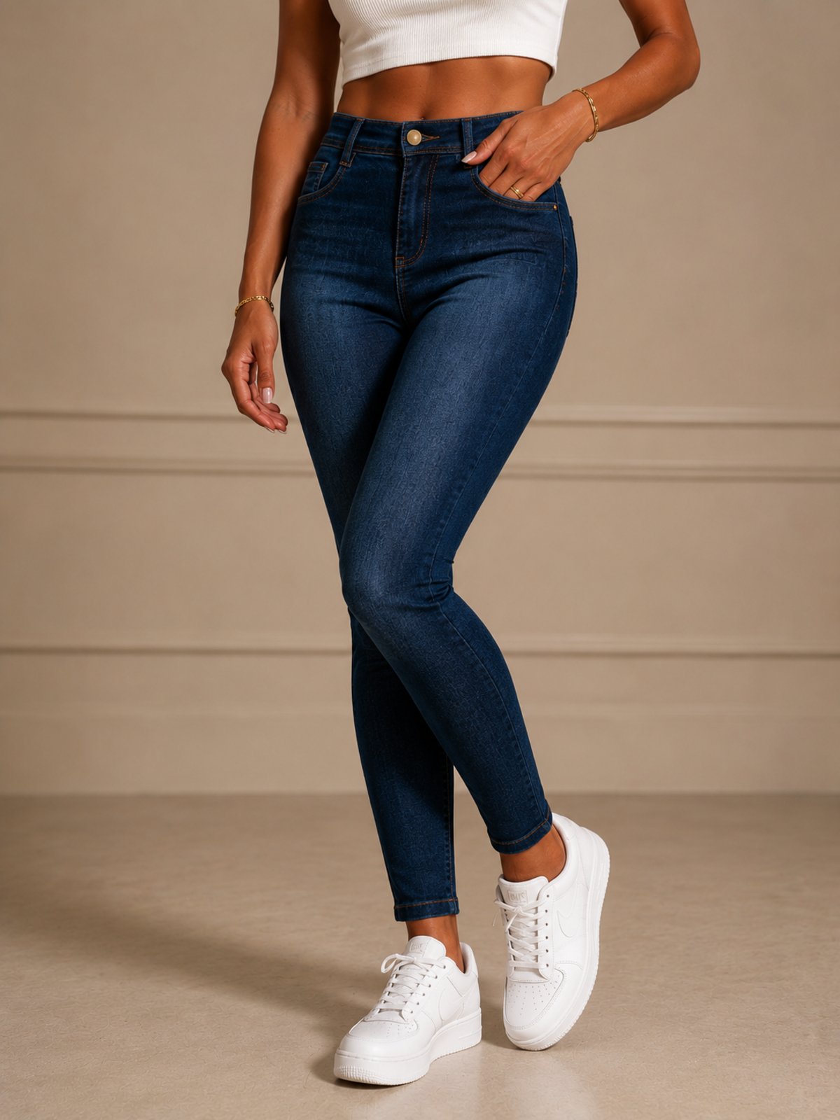 Calça Jeans Feminina Skinny Cintura Alta Purple Jeans Azul Escuro com Elastano Modela Corpo Confortável Premium