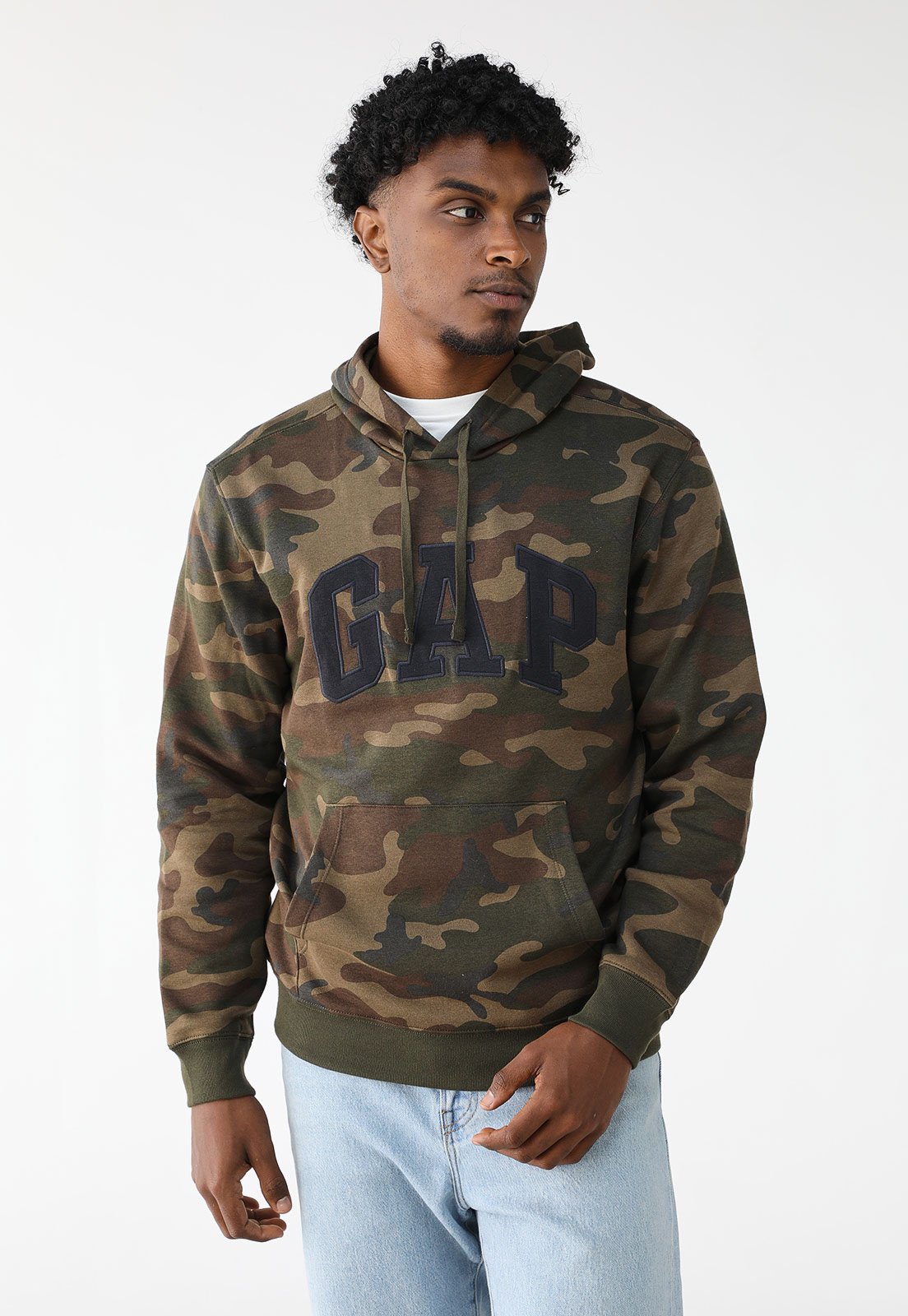 Blusa de Moletom Flanelada Fechada GAP Reta Camuflada Com Capuz Verde