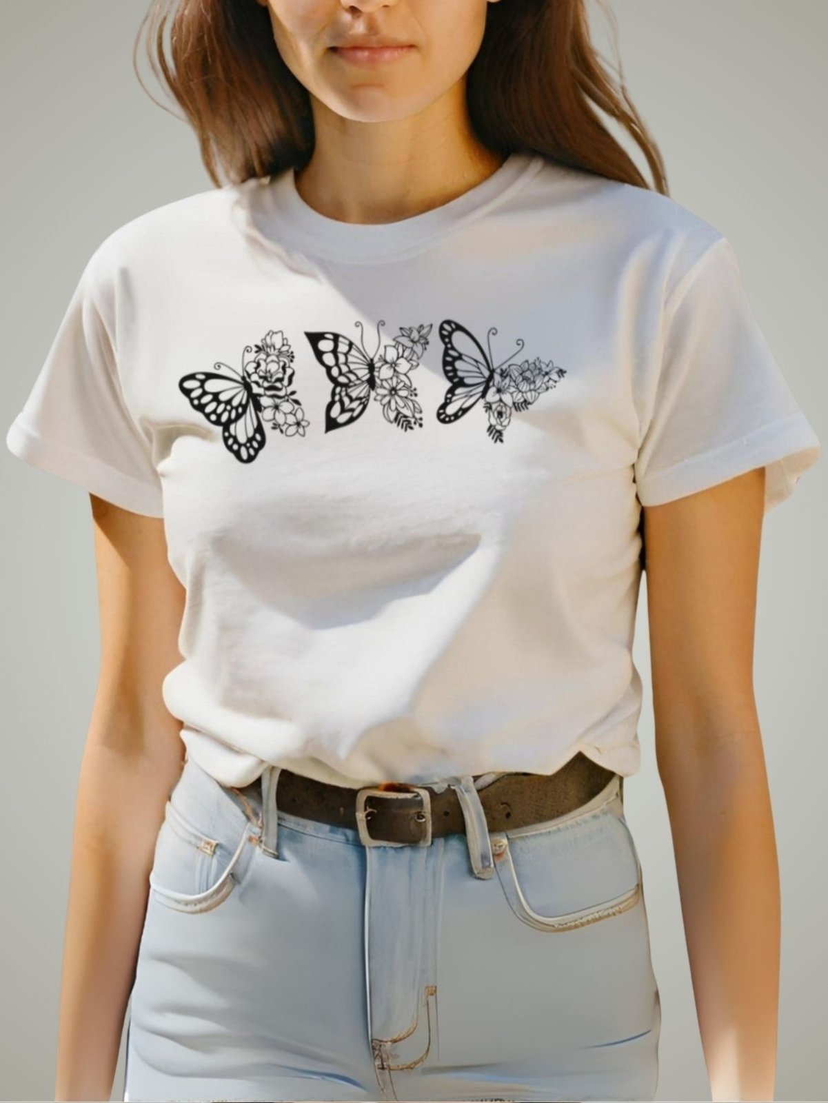 Camiseta Feminina T-shirt Plus Size GuGi Borboletas Blusinha Baby Look Camisa Branco