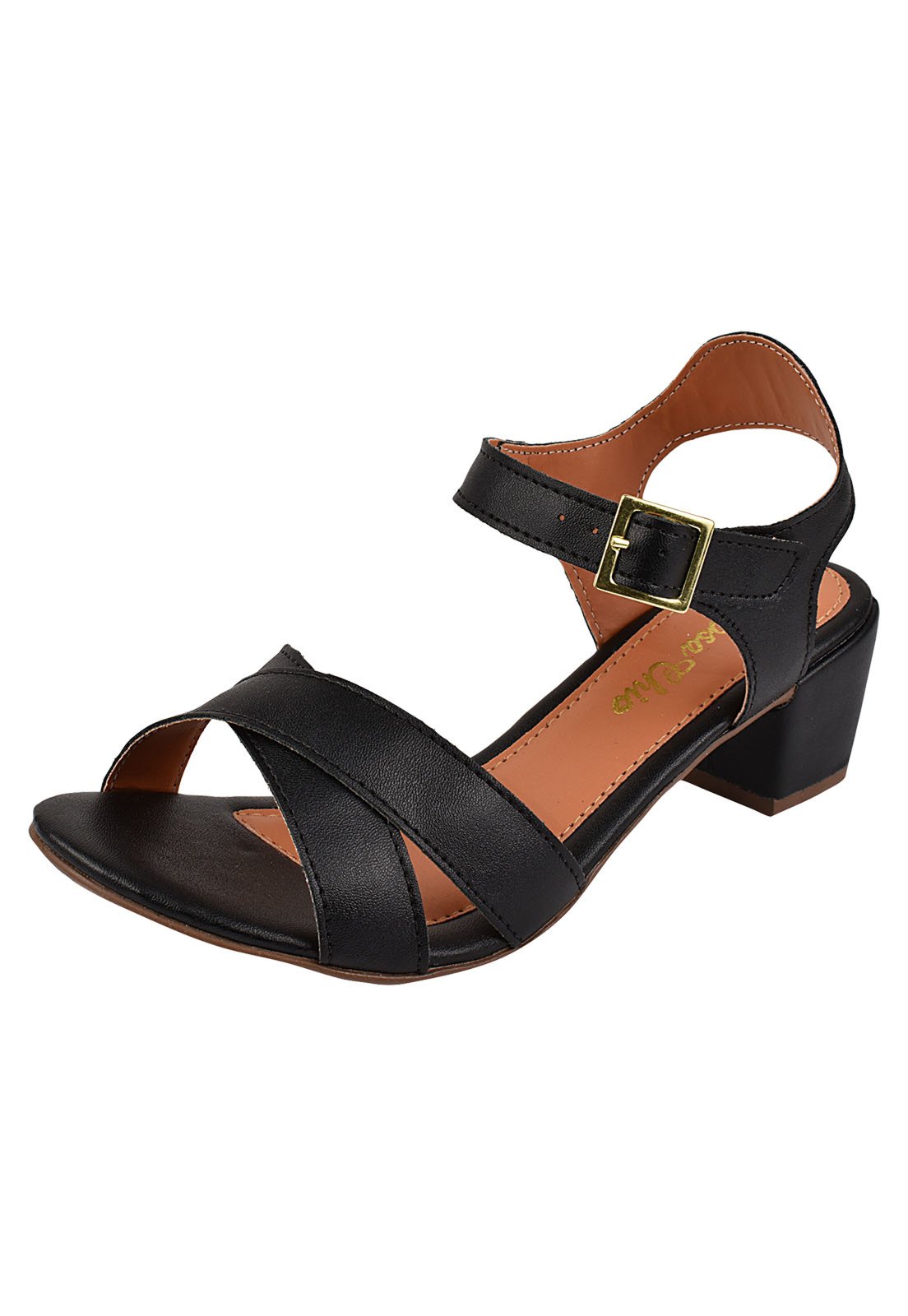 Sandália Salto Grosso Rosa Chic Calçados Salto Baixo 4 cm Bloco Preto