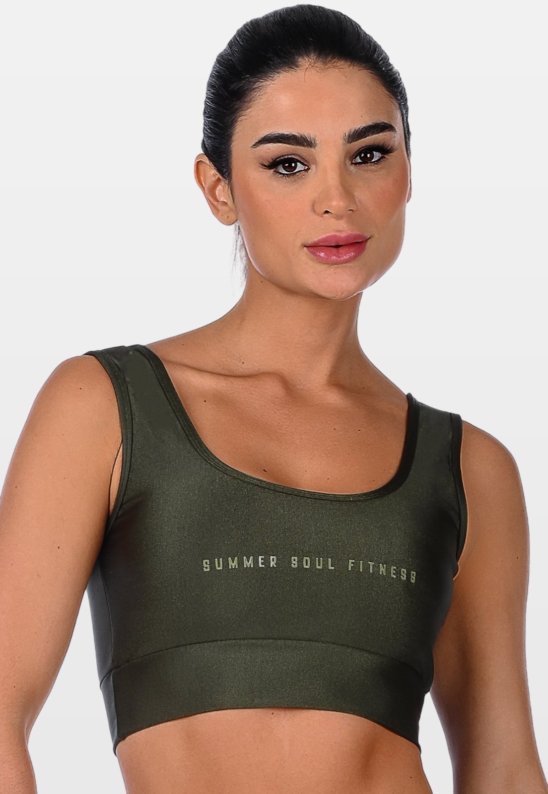 Top Fitness Cirrê Summer Soul De Alta Sustentação Com Bojo Removível Verde Militar