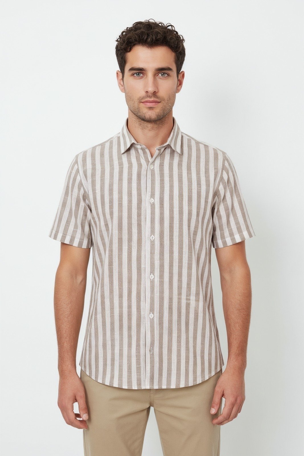 Camisa Listrada Regular Traymon - Off White/ Areia