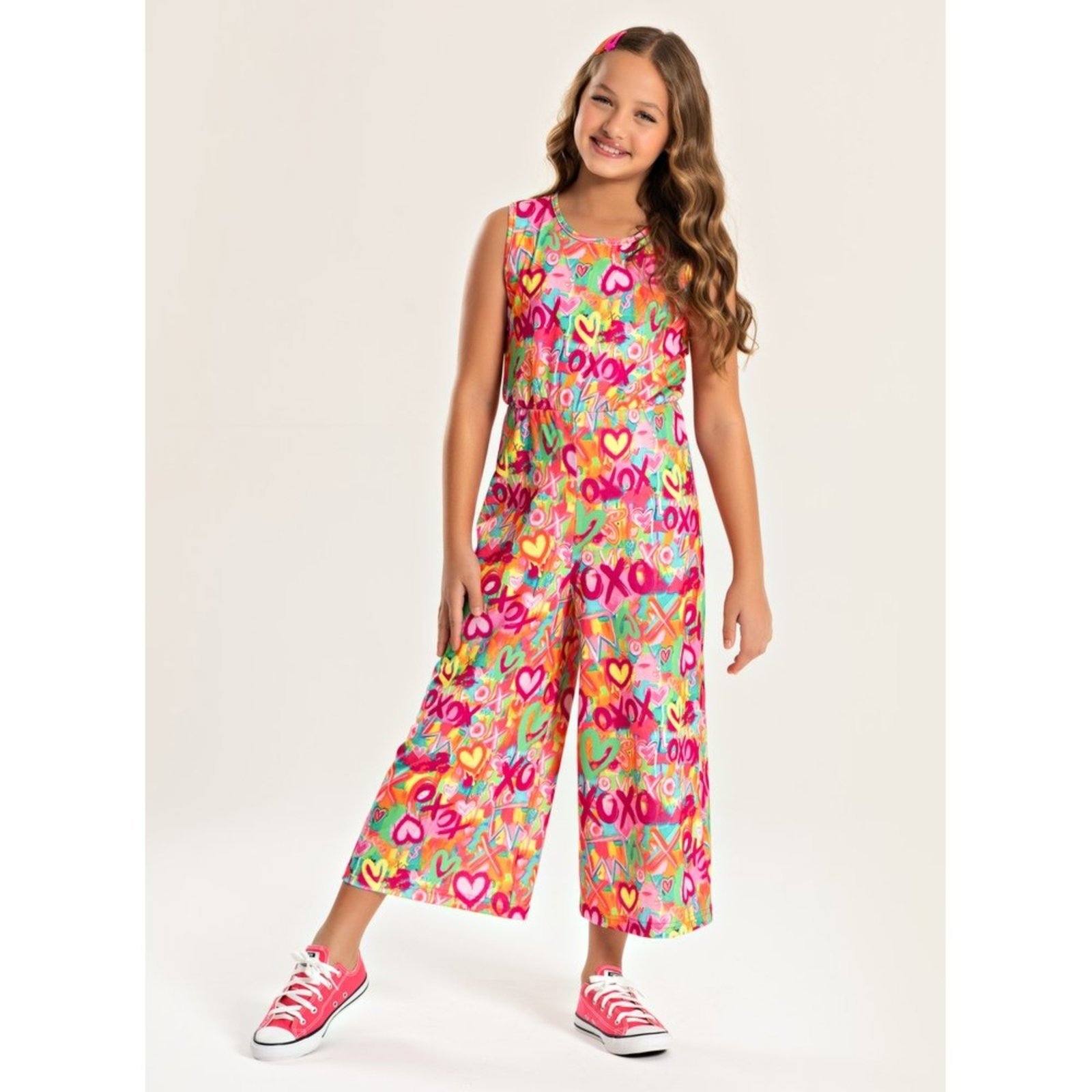 Infantil – Macacão Pantacourt Verão Menina Pink Corações XOXO