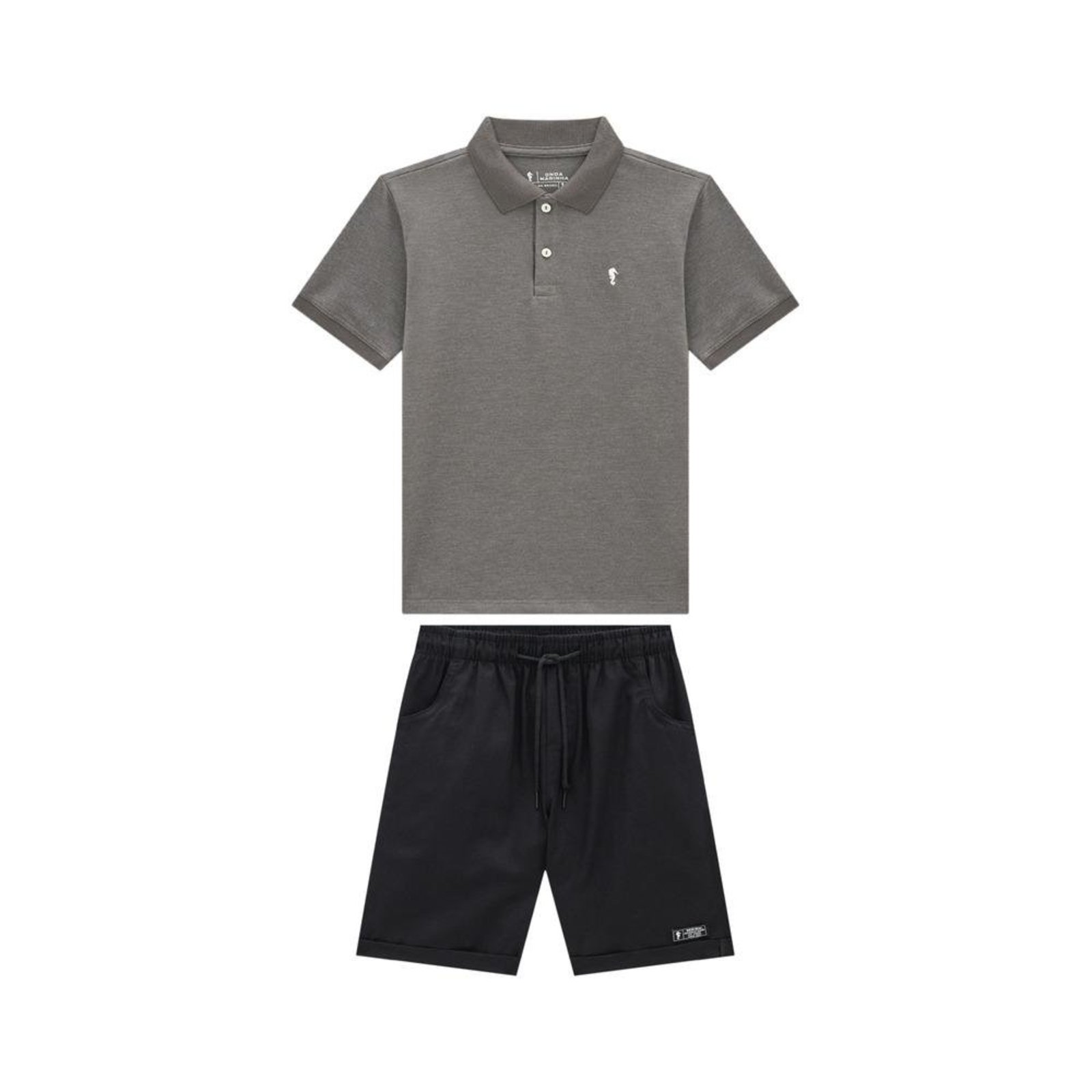 Infantil - Conjunto Polo Bermuda Onda Marinha Cinza Preto 10 Preto