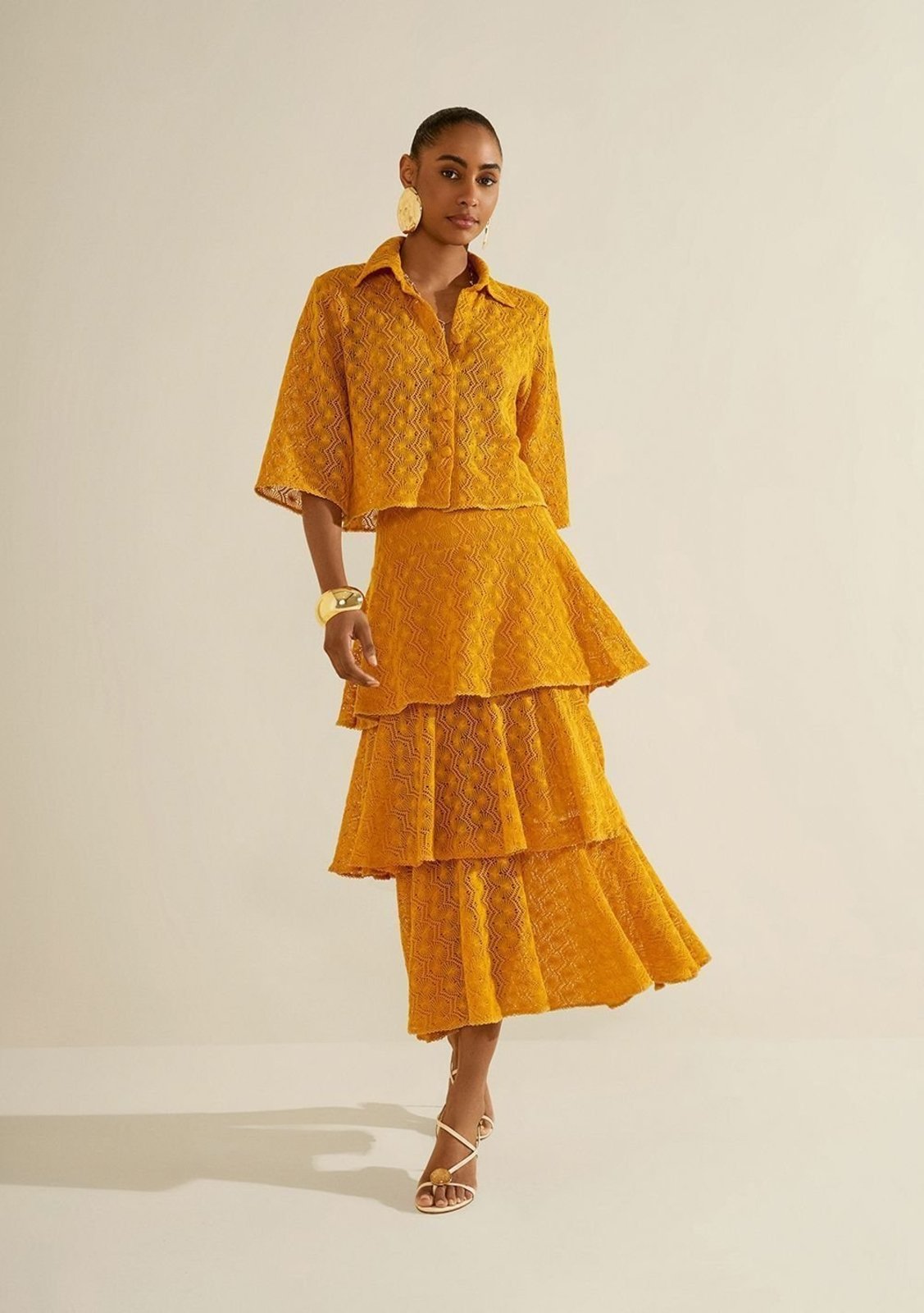 Saia Morena Rosa Evasê Alta Midi - Amarelo