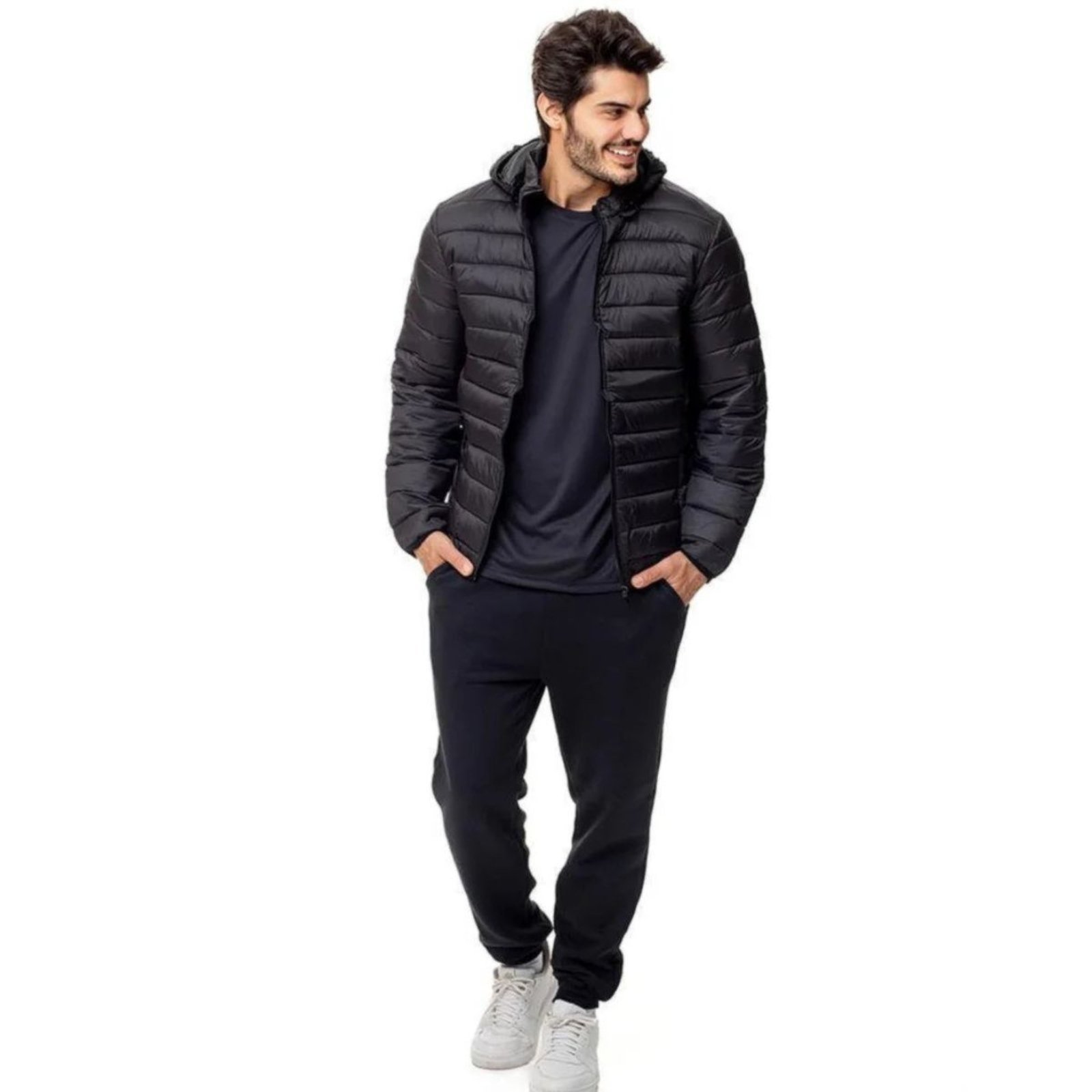 Jaqueta Masculina Puffer FMF Impermeável com Capuz e Isolamento Térmico Preto
