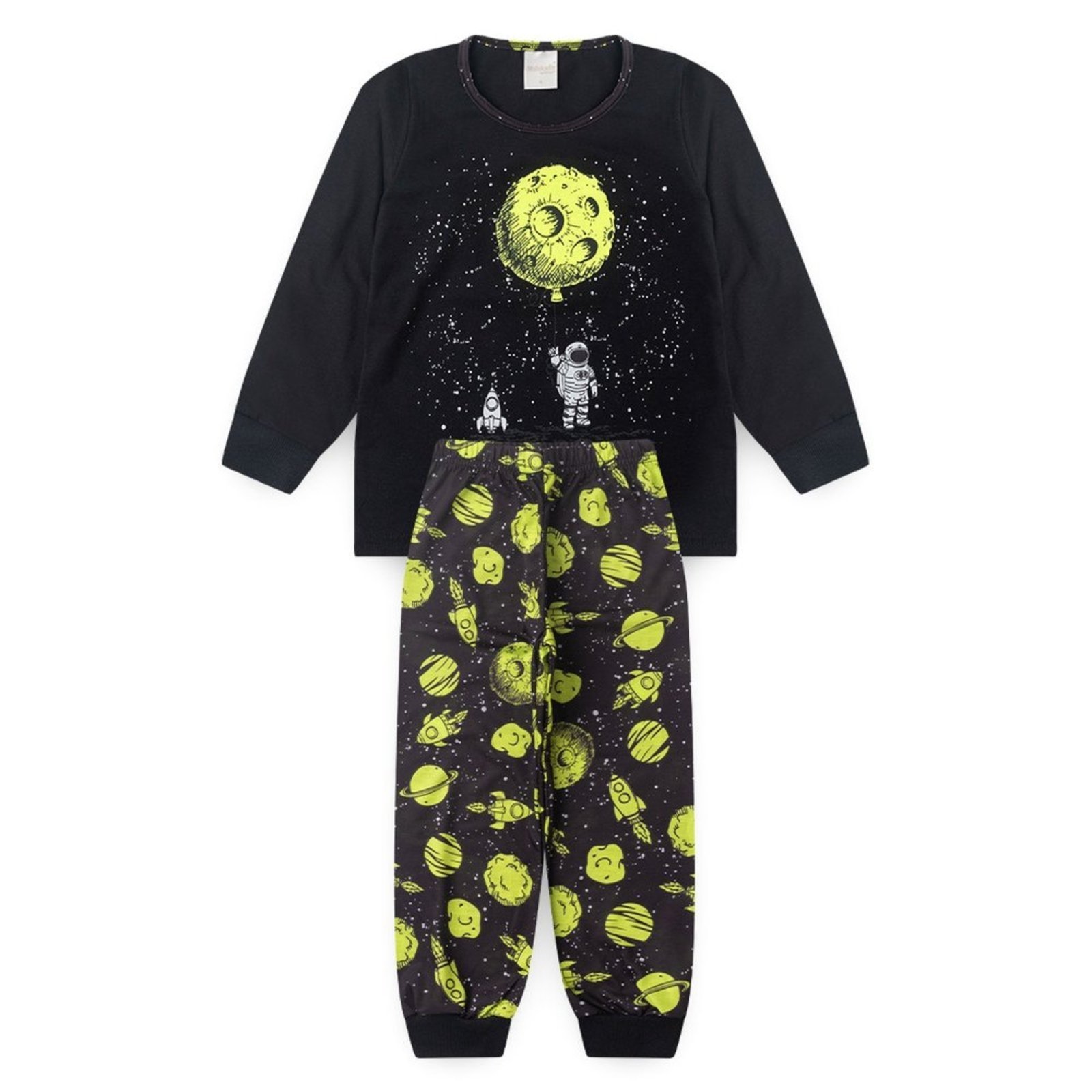 Pijama Longo Menino Preto Blusa e Calça Astronauta Lunar Brilha No Escuro