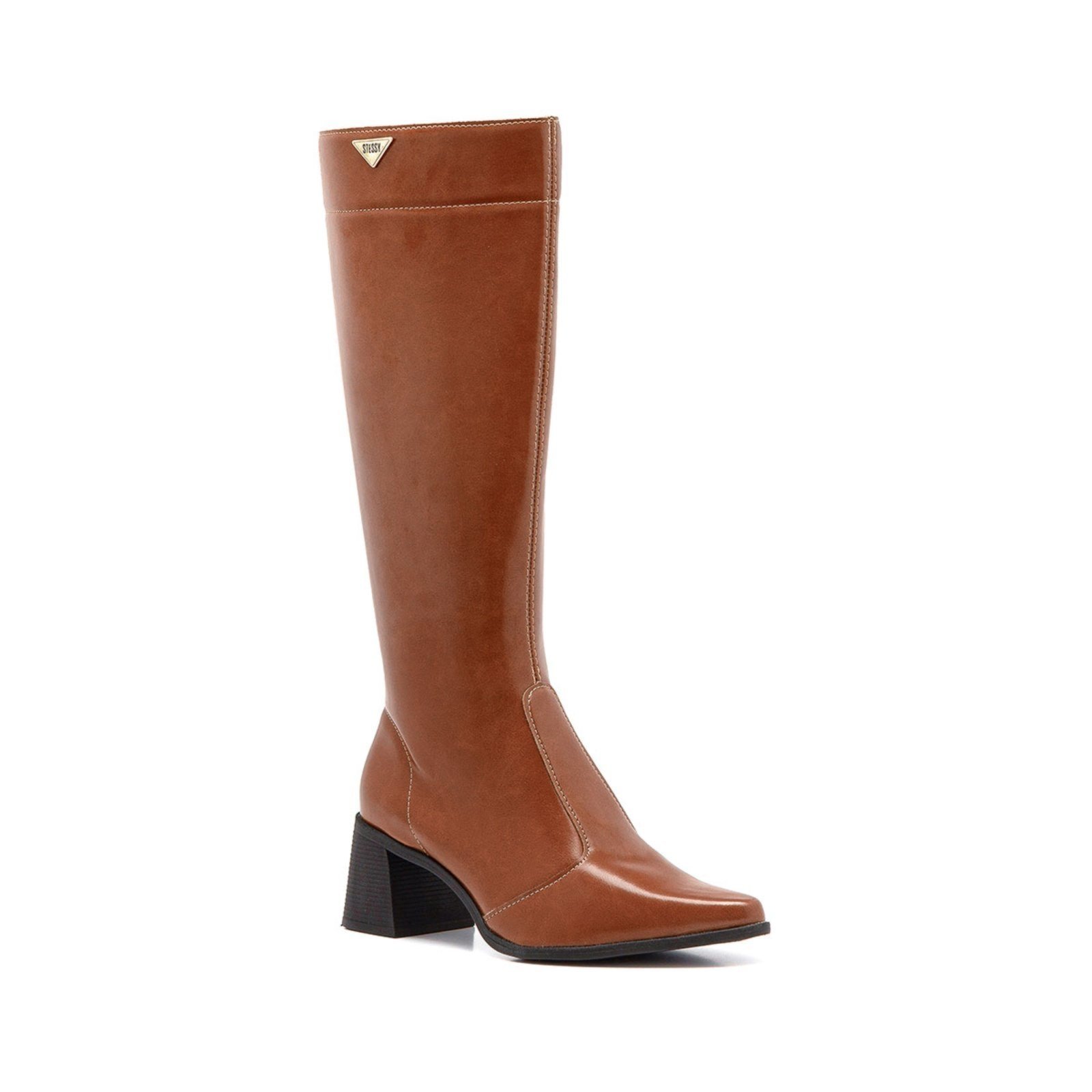 Bota Feminina Montaria Stessy Cano Alto Bico Fino Salto Confortável Lisa Elegante Moda Inverno Caramelo