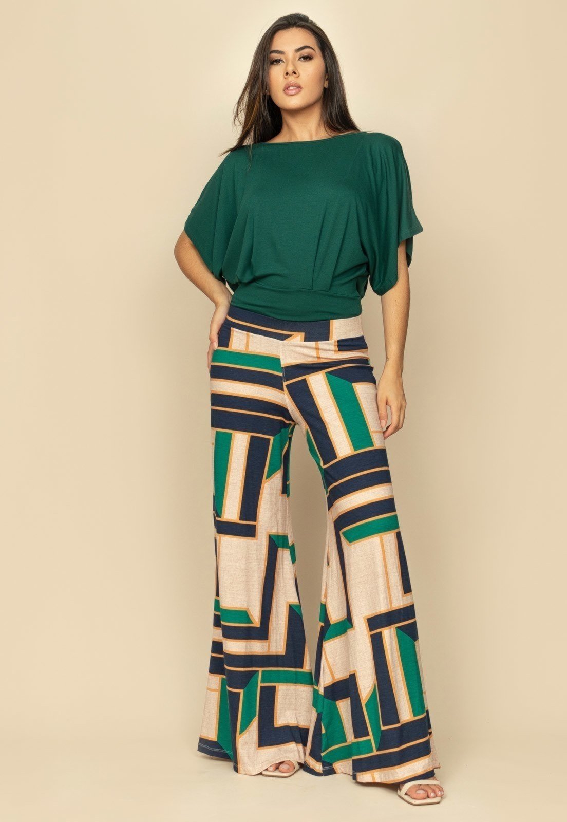 Calça Pantalona Granja Malha Estampa Chapada de Areia