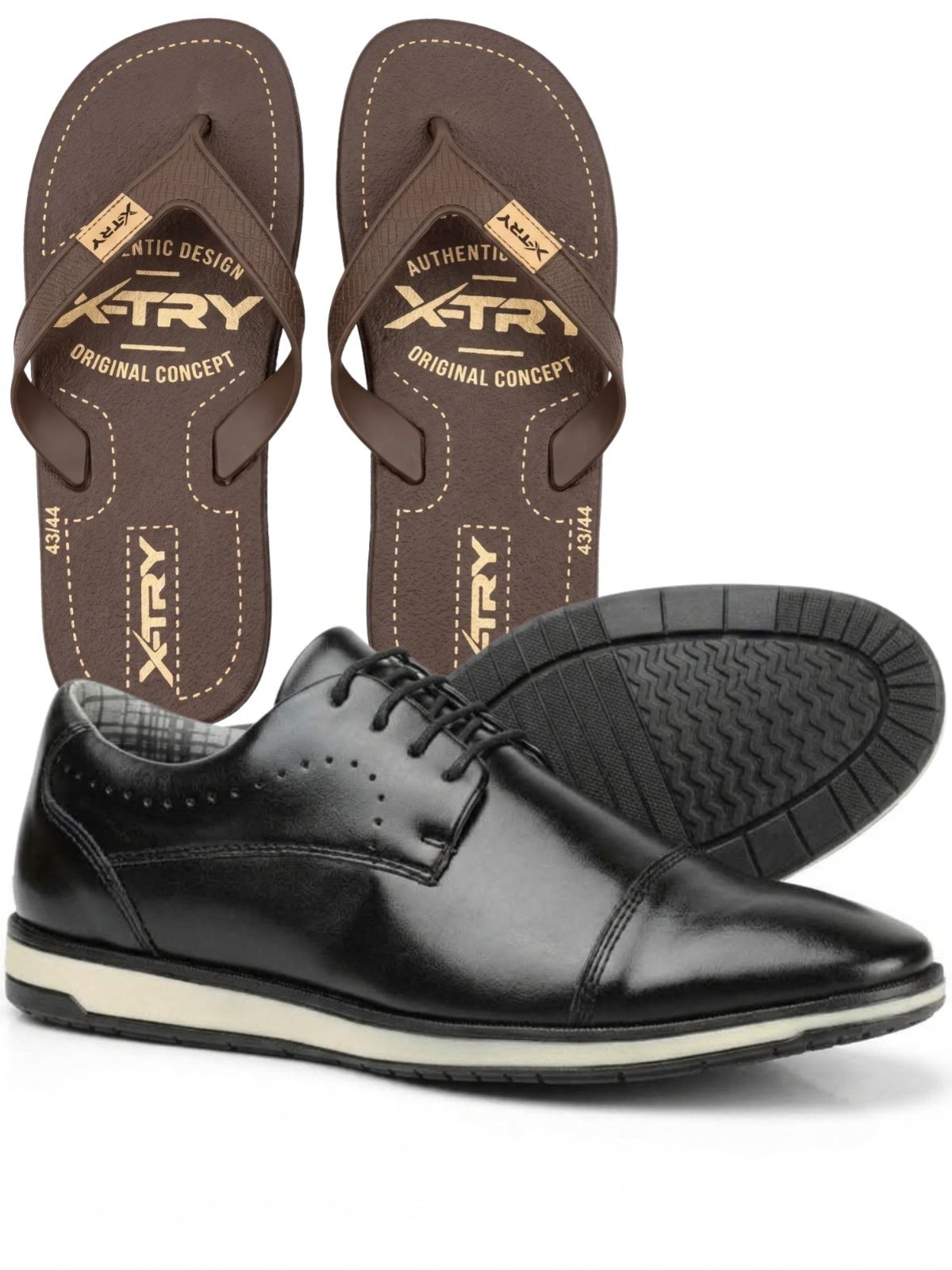 Sapato Masculino Social Oxford Sapatofran Cadarço + Chinelo Flip-Flop Xtry Confortável Preto Kit