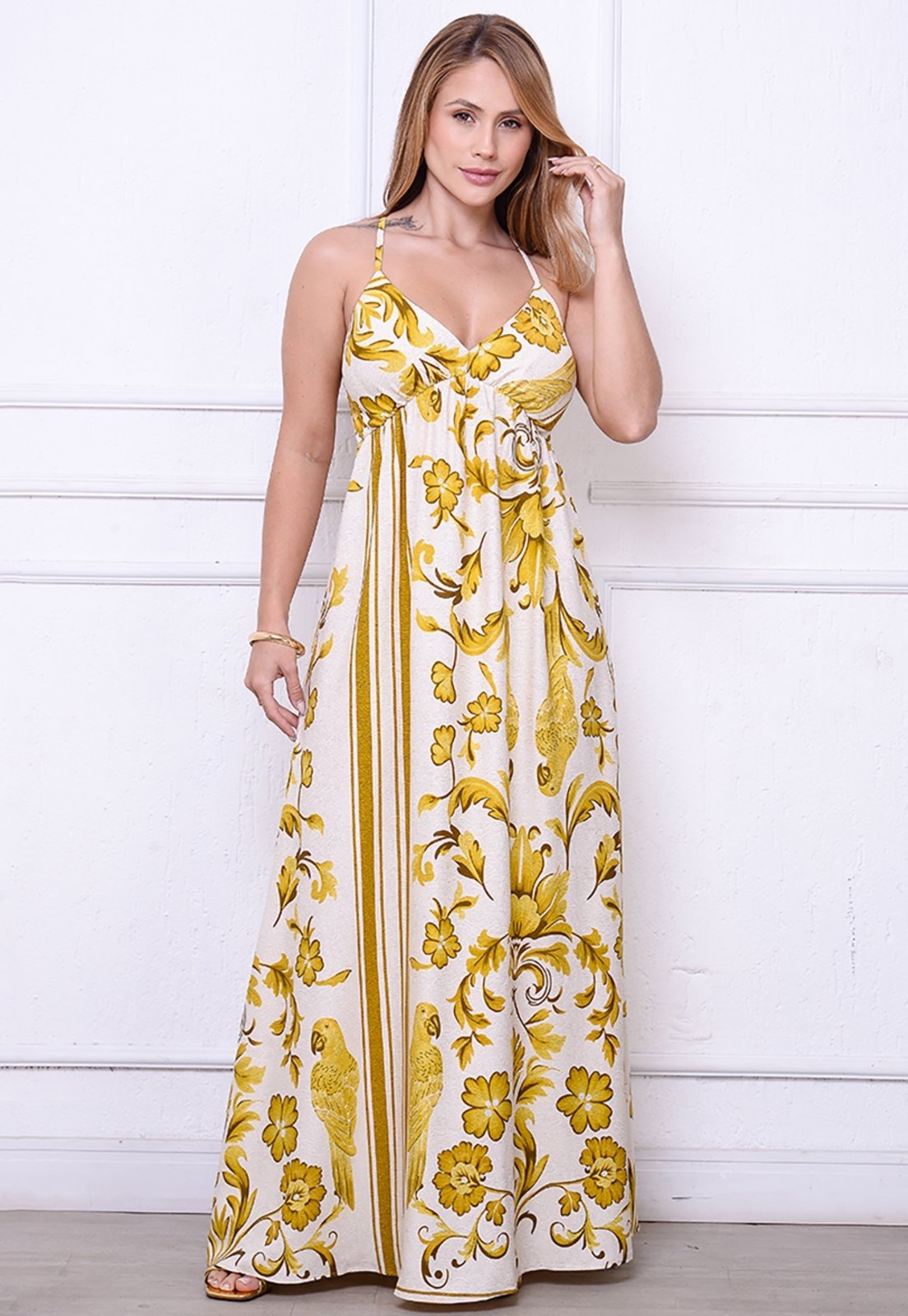 Vestido Maria – Longo com Decote nas Costas Estampado Amarelo