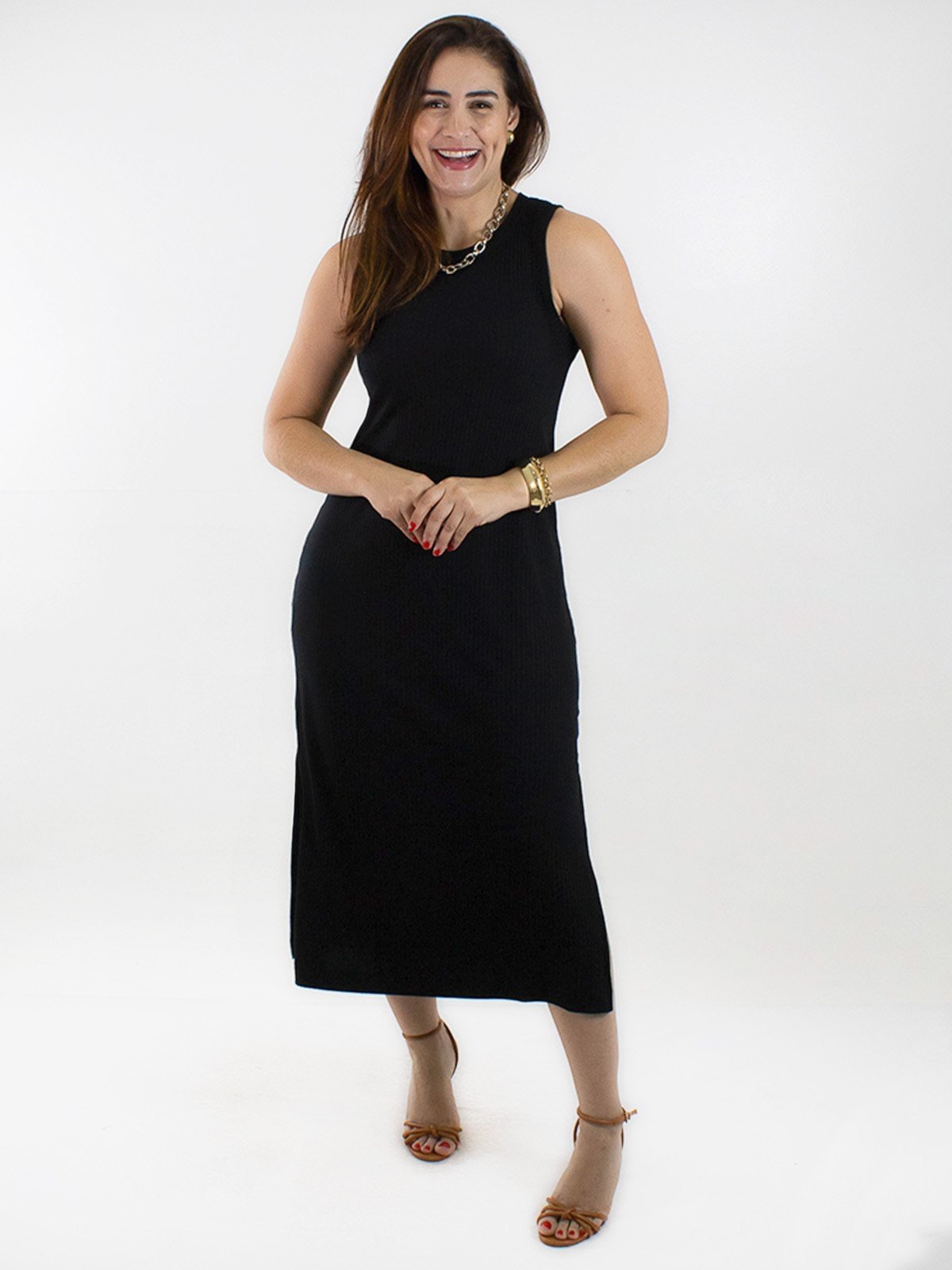 Vestido Midi Feminino Canelado Fenda Lateral Elastano Anticorpus
