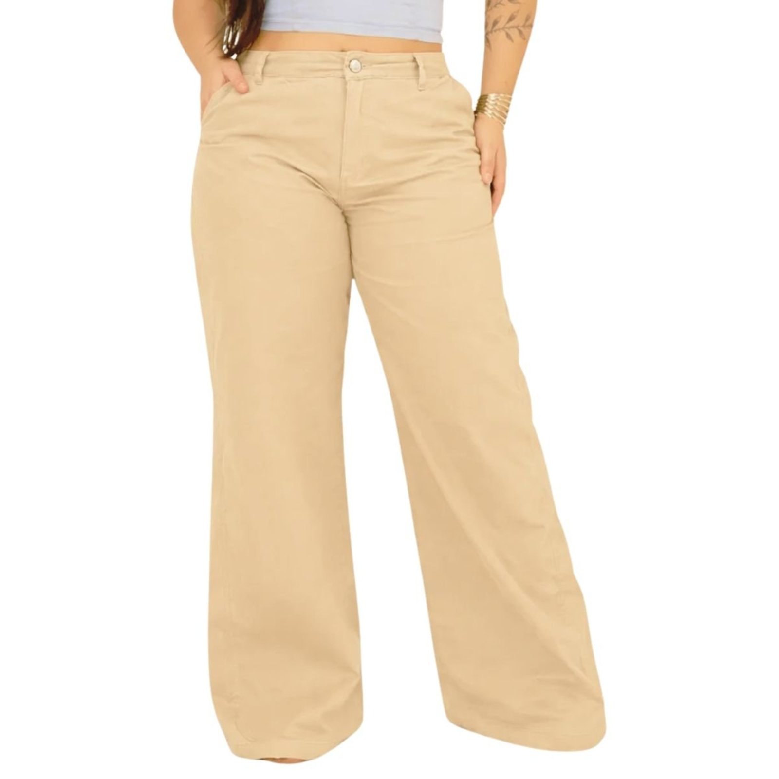 Calça Pantalona Wide Leg Plus Size Bege