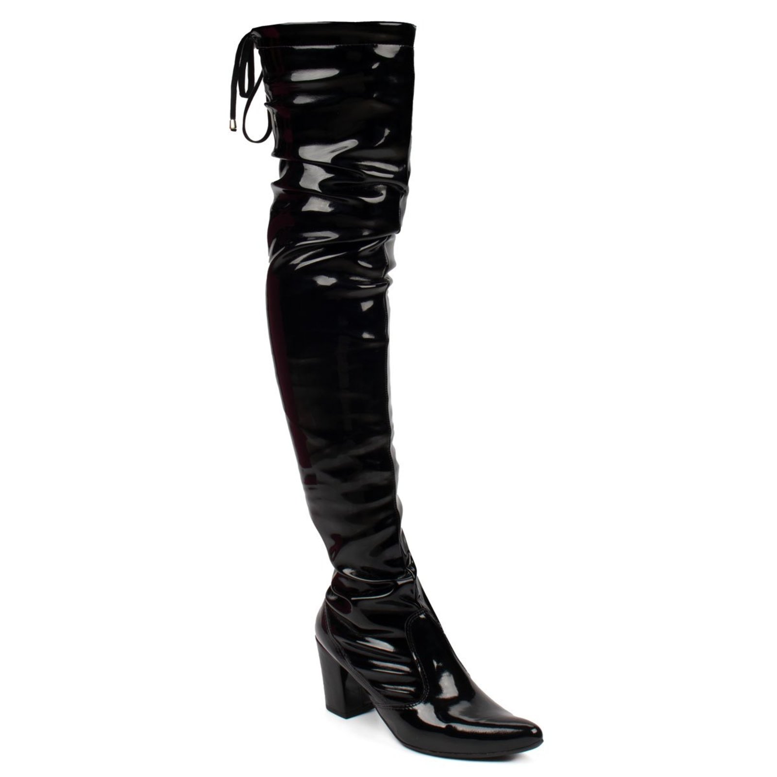 Bota Over The Knee Stretch Domidona Bico Fino Salto Grosso Alto Preto Verniz