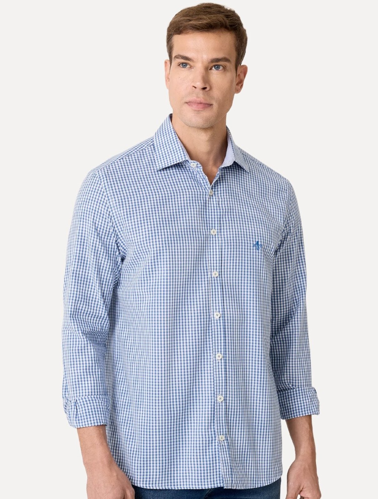 Camisa Dudalina Masculina Comfort Superfine Regular Xadrez Mono Logo Azul Médio