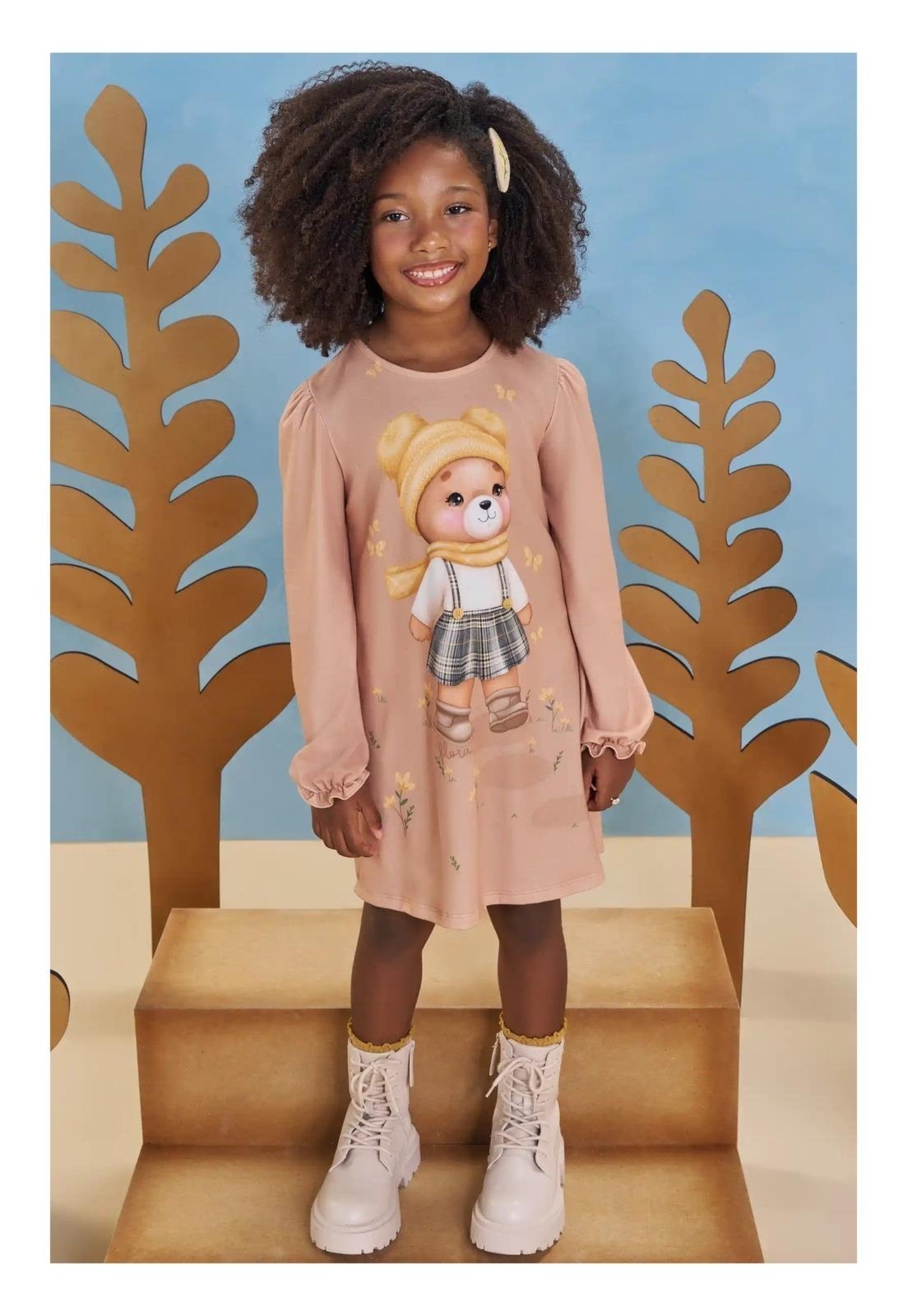 Infantil - Vestido Manga Longa Estampado Urso Infanti 10 Bege