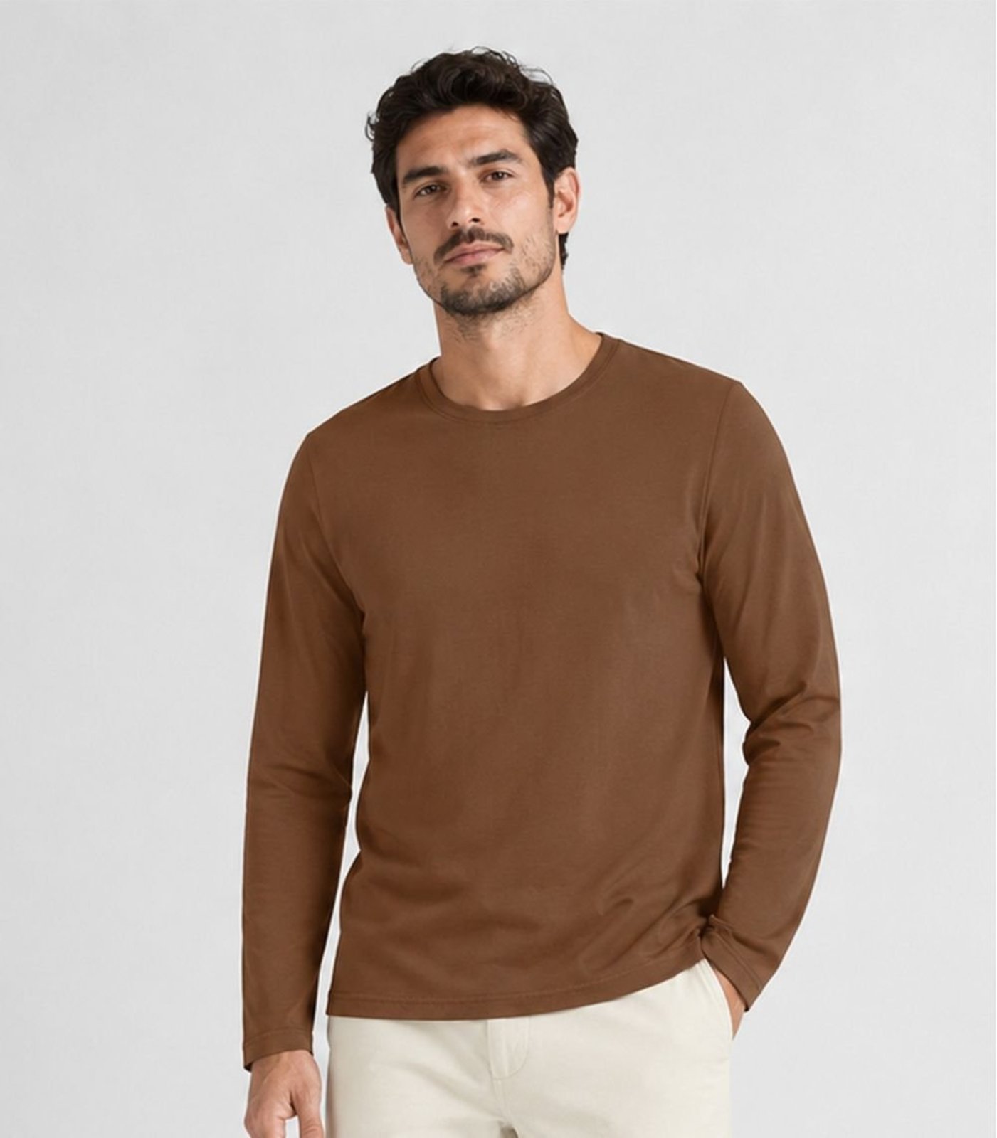 Camiseta Manga Longa Meia Malha Masculina Select Marrom