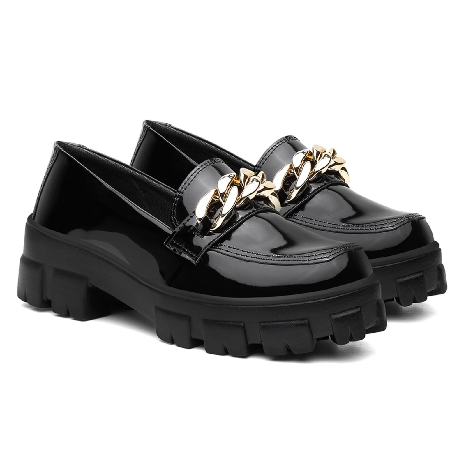 Mocassim Plataforma Nine4 Solado Tratorado Detalhe Corrente Dourada Preto Verniz