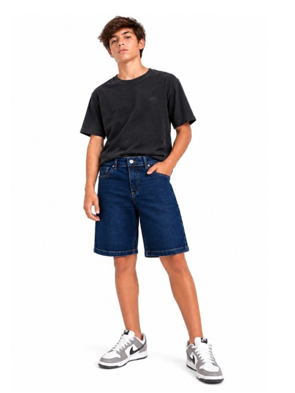 Infantil - Bermuda Jeans Crawling Juvenil Masculina Marmorizada Azul Escura